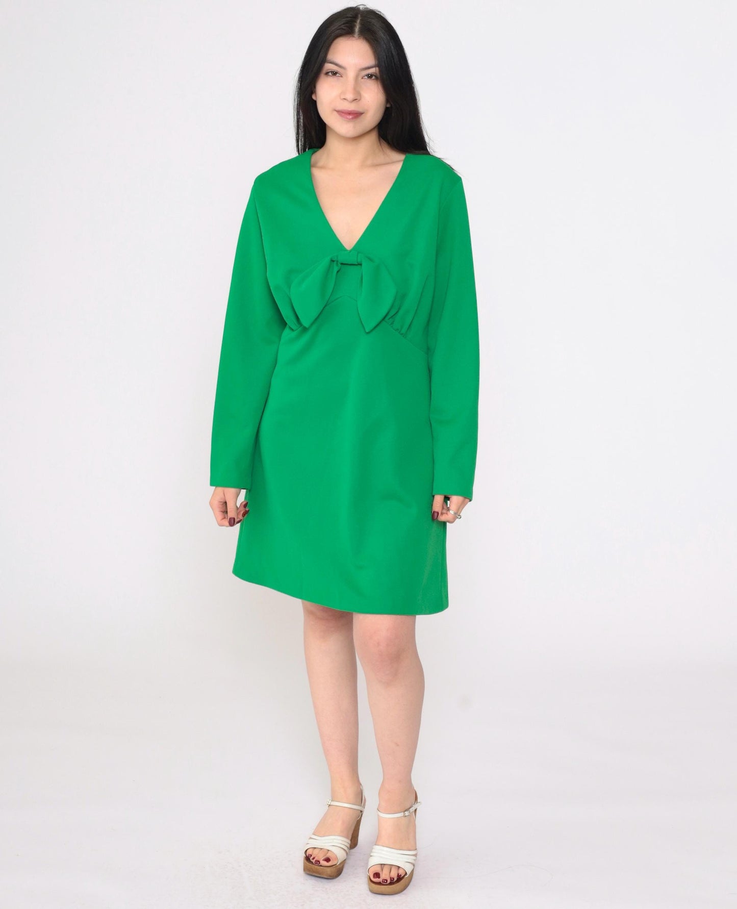 70s Green Babydoll Mini Dress Keyhole Back Empire Waist Long Sleeve Large