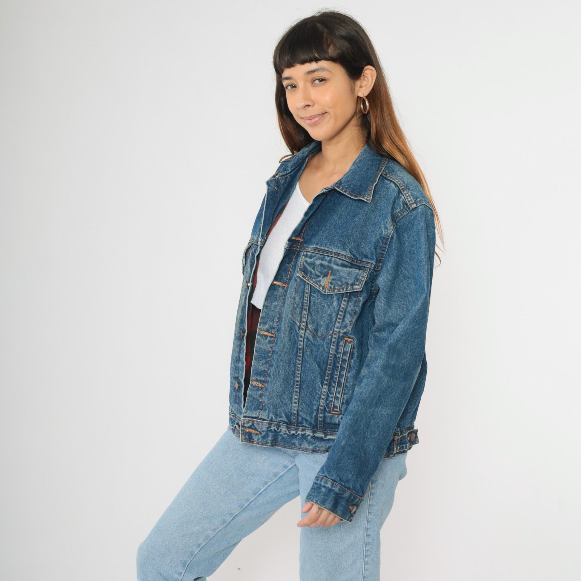 90s Generation One Blue Denim Jacket Red Buffalo Plaid Lining Medium M