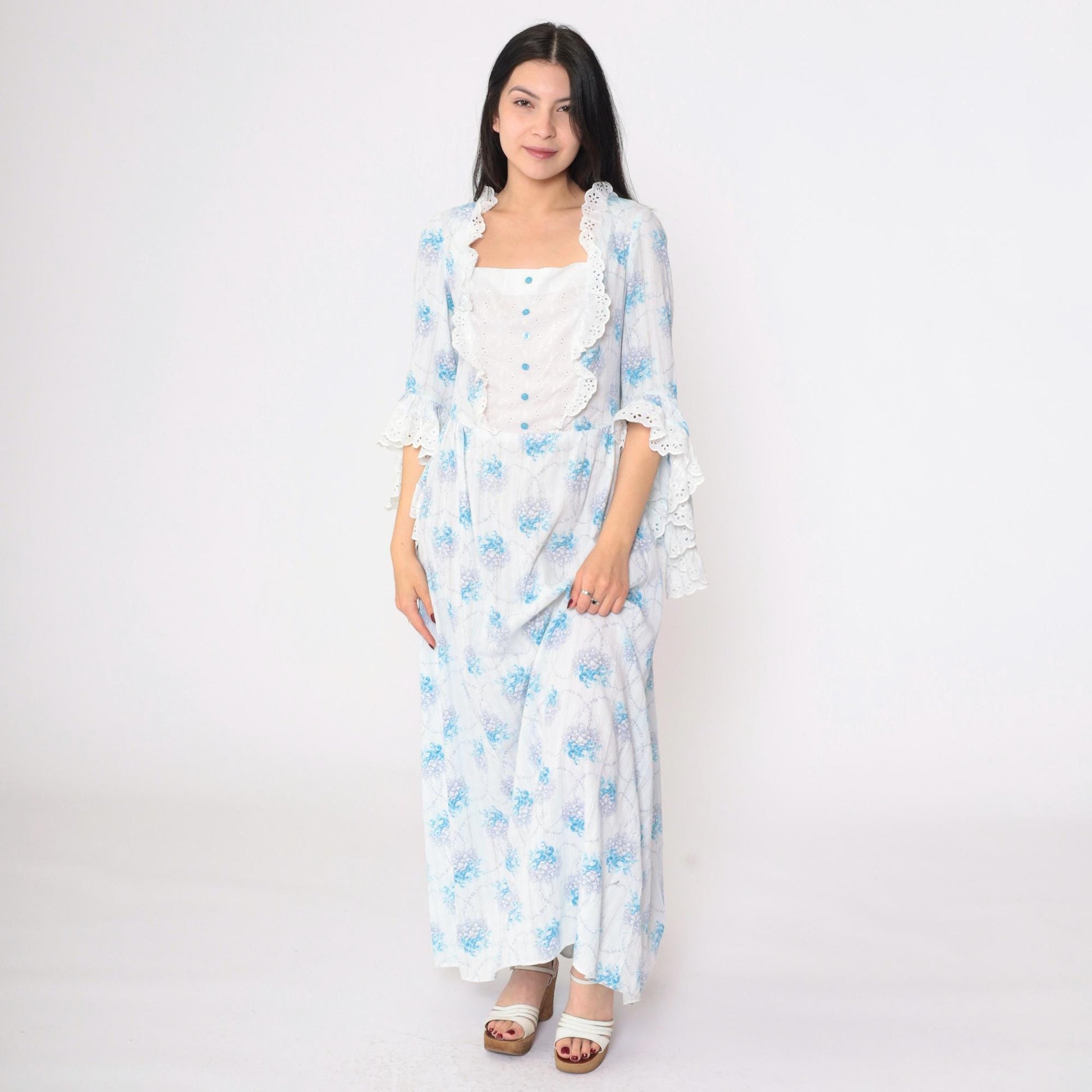 70s Floral Prairie Maxi Dress White Blue Bell Sleeve High Waist Lace Bib Medium Large