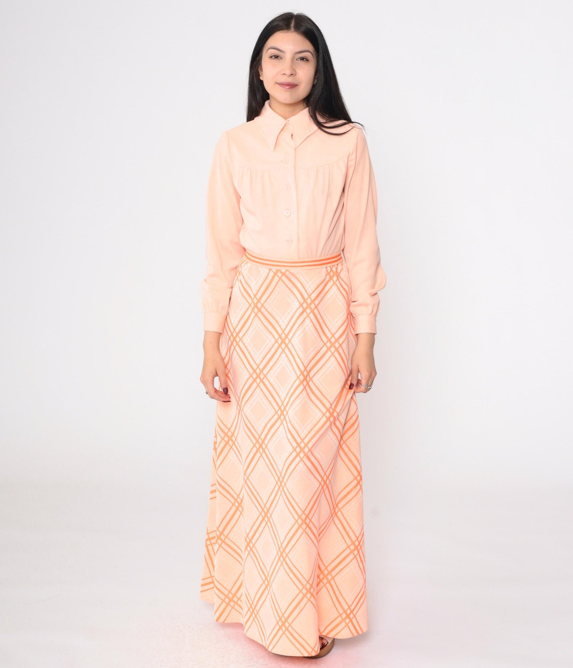 70s Peach Checkered Maxi Dress Button Up High Waist Long Sleeve Small