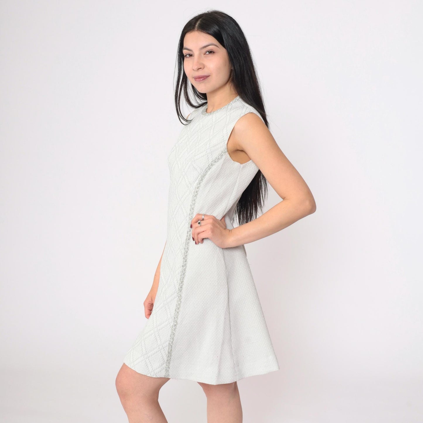 60s Vicky Vaughn Silver Checkered Mini Dress Sleeveless A-Line White Small
