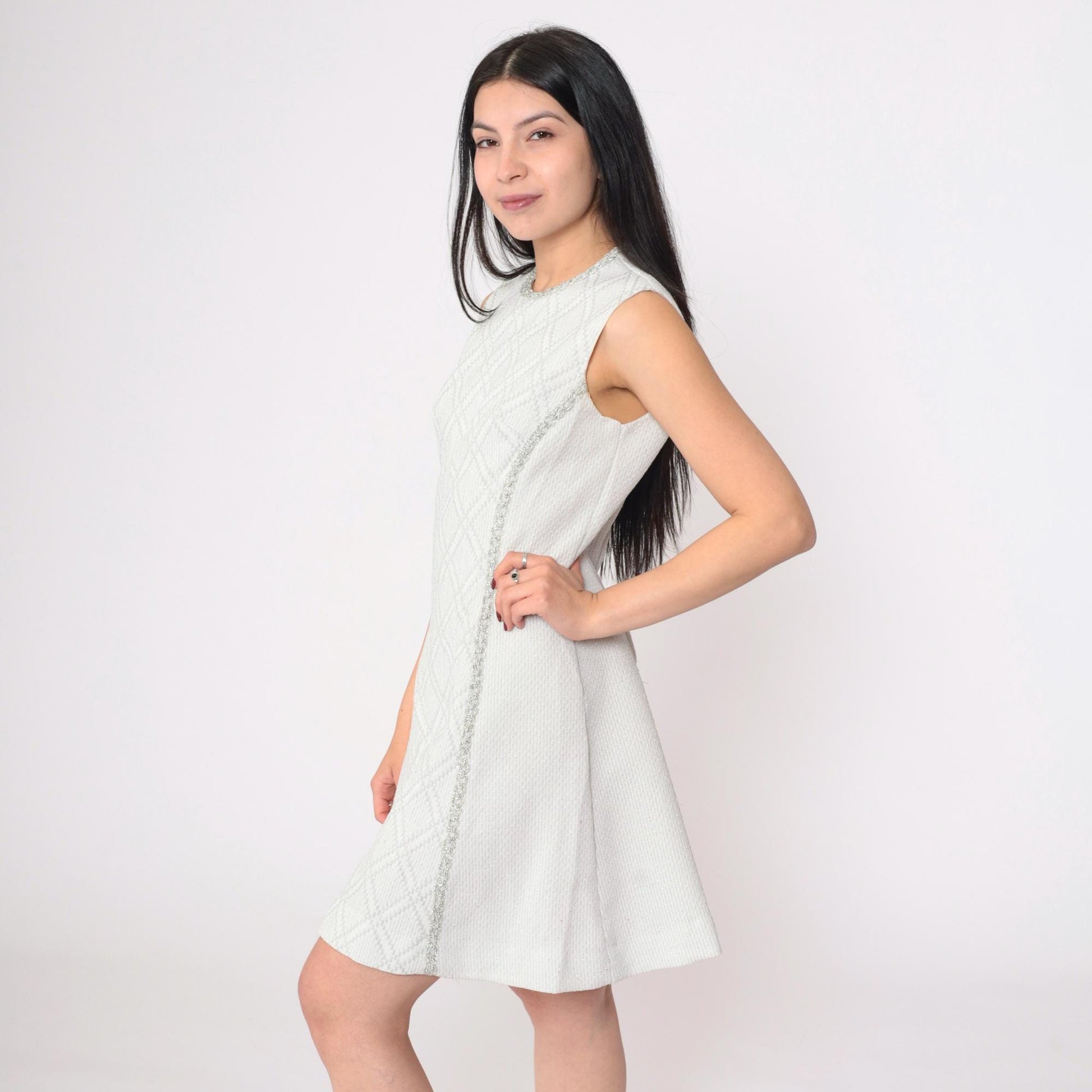 60s Vicky Vaughn Silver Checkered Mini Dress Sleeveless A-Line White Small