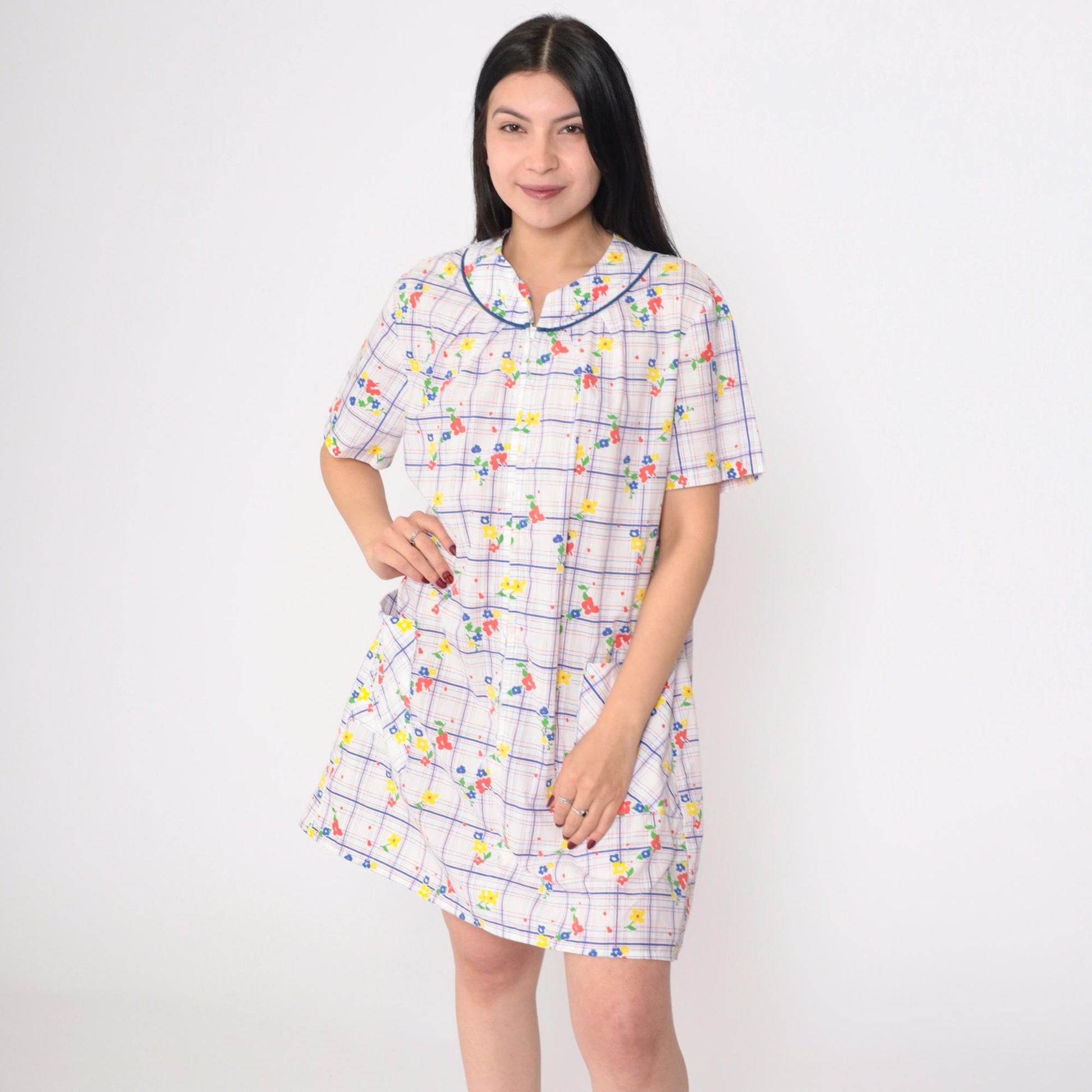 70s White Floral Shift Dress Mini Length Front Zip Pockets Large