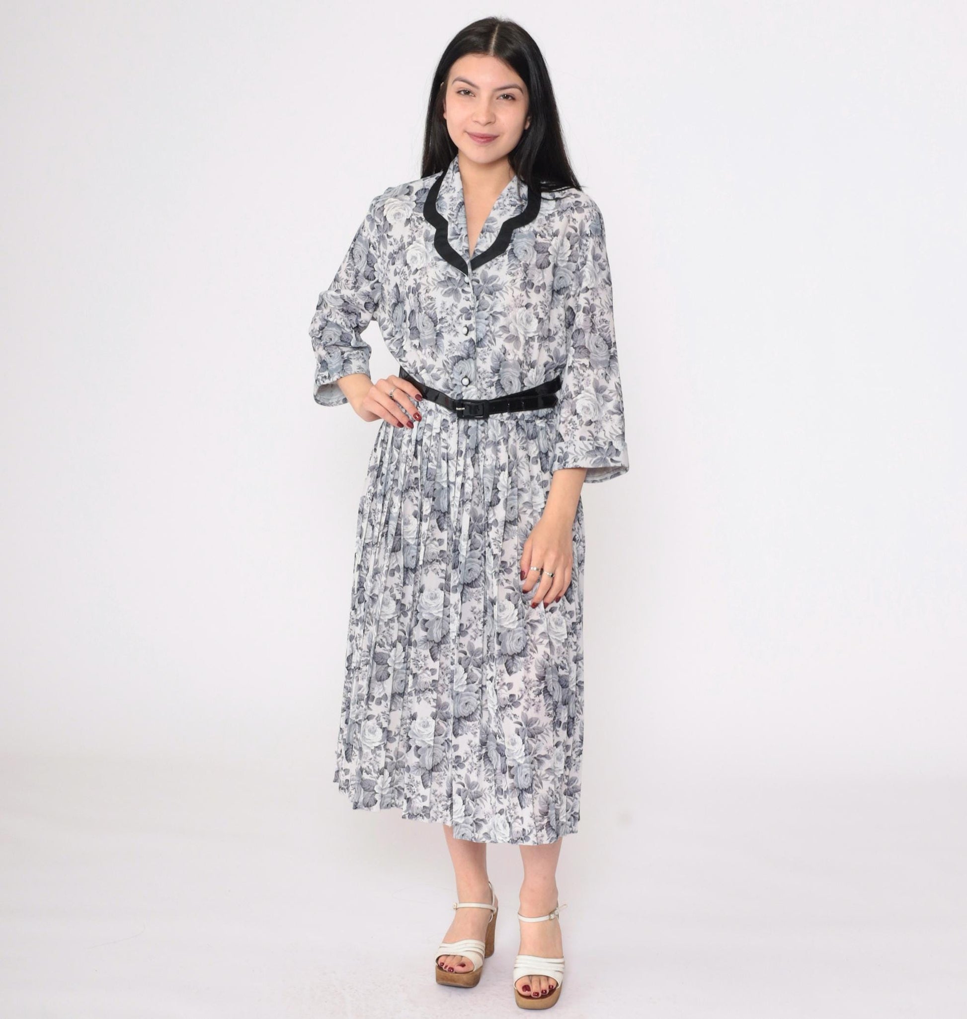 80s Grey Floral Midi Shirtdress Pleated High Waist Button Up 3/4 Sleeve Large