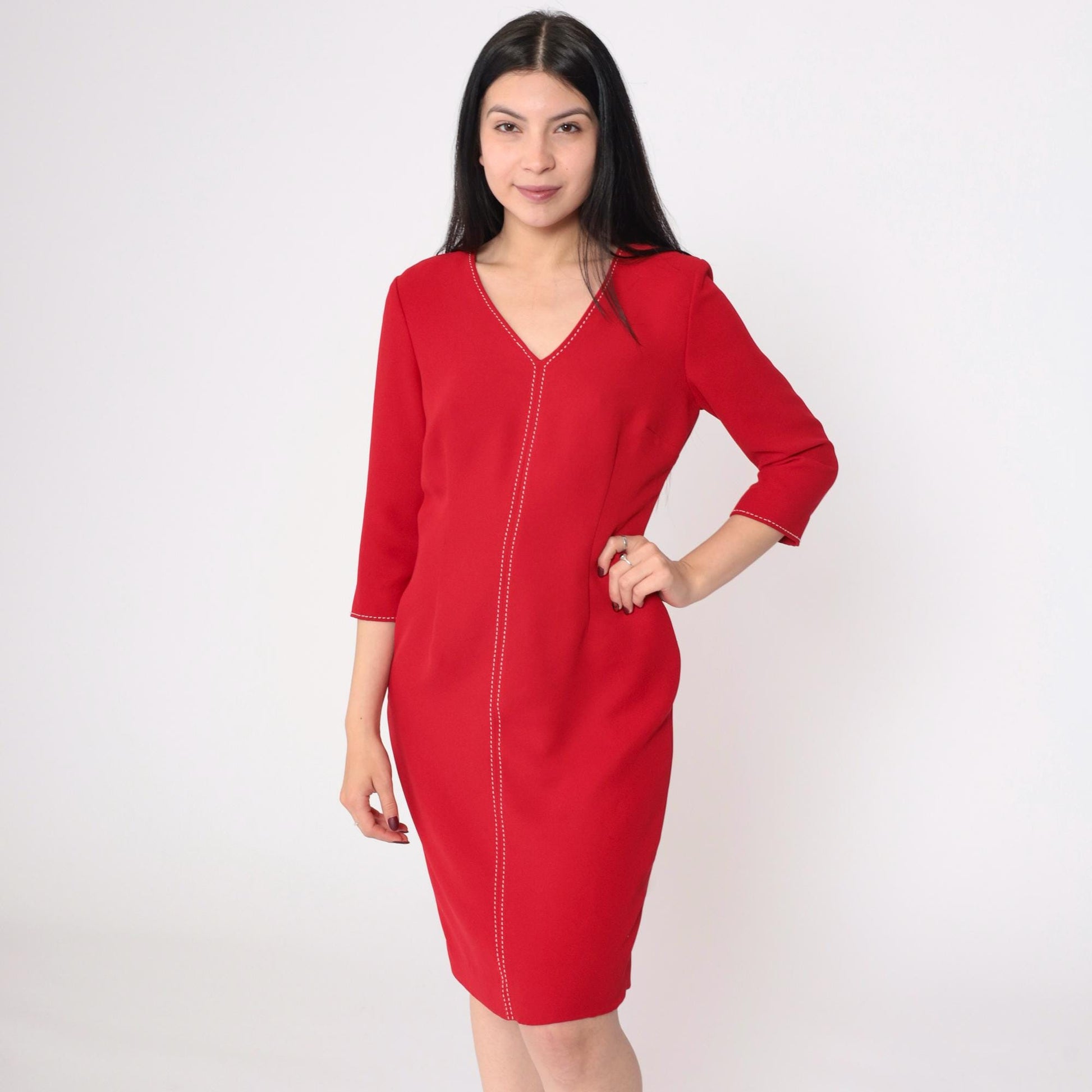 90s David Warren Red Sheath Dress V-Neck Decorative Stitching Small Petite