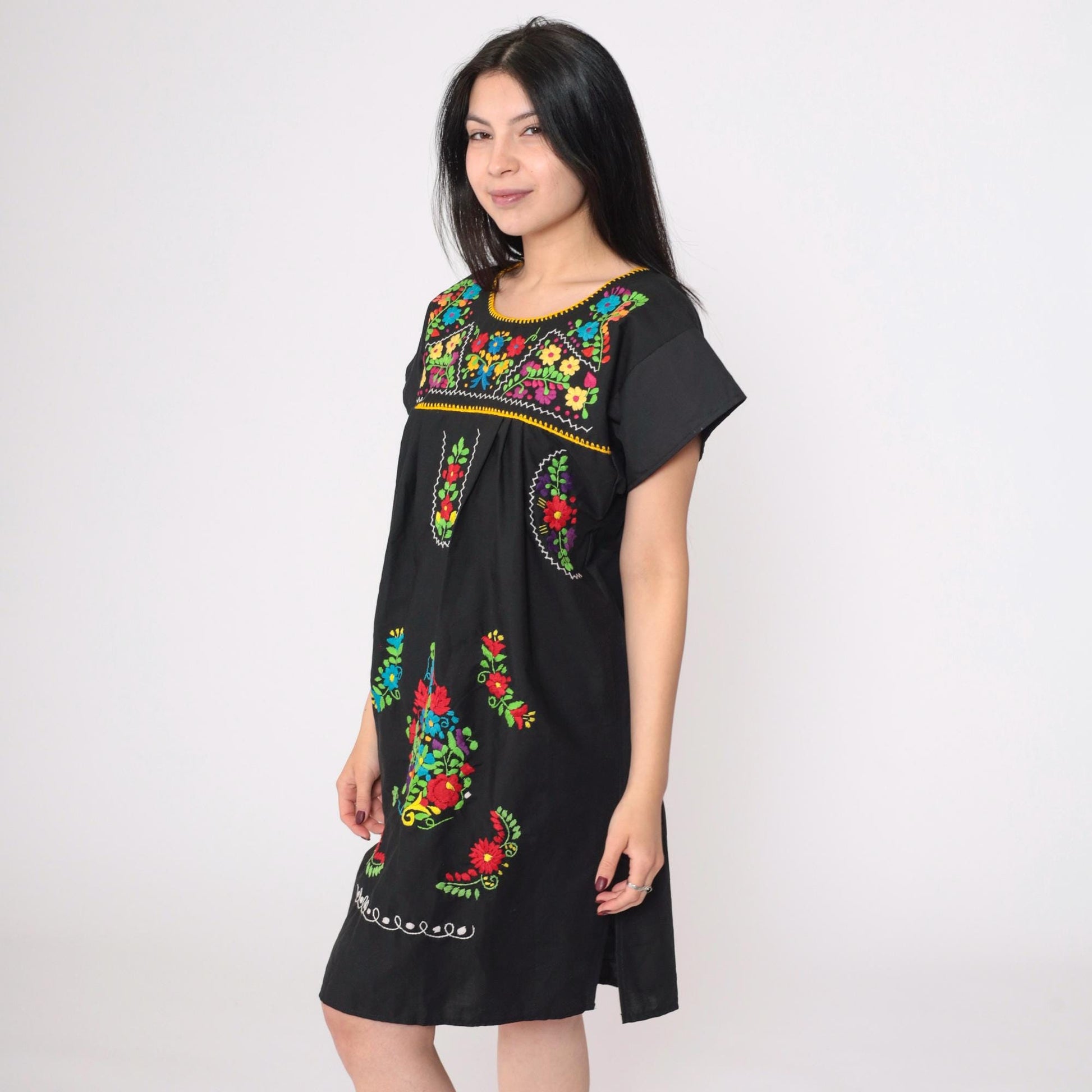 90s Black Mexican Embroidered Cotton Tunic Mini Dress Floral Small