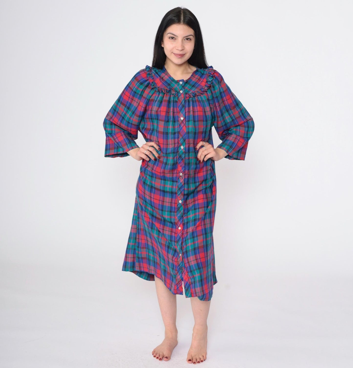 80s Plaid Button-Up Nightgown Red Blue Green Ruffled Yoke Long Sleeve Large