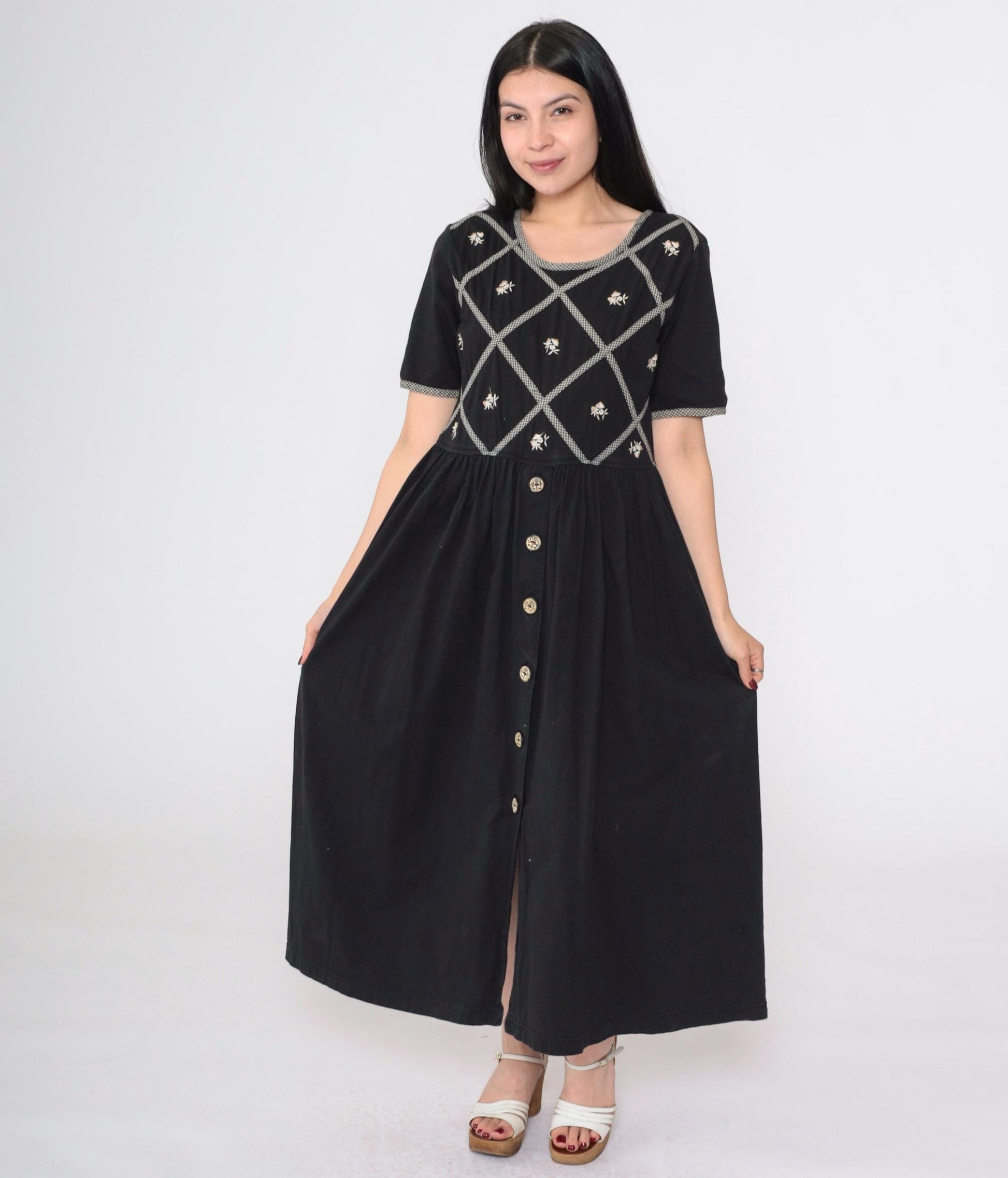 90s Black Floral Embroidered Cotton Maxi Dress Gingham Lattice Short Sleeve Small