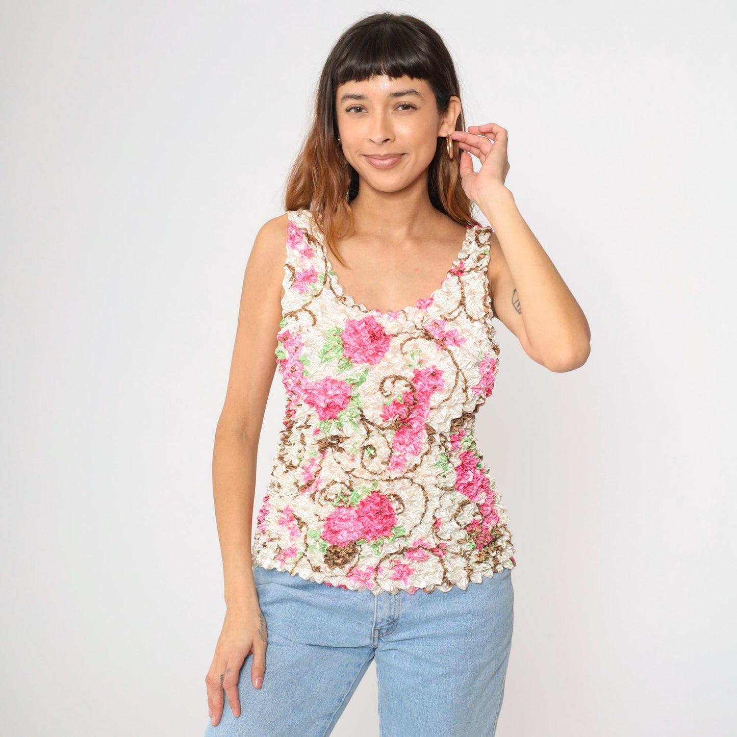 Y2K Floral Popcorn Tank Top Off-White Pink Flower Print Sleeveless Blouse Small