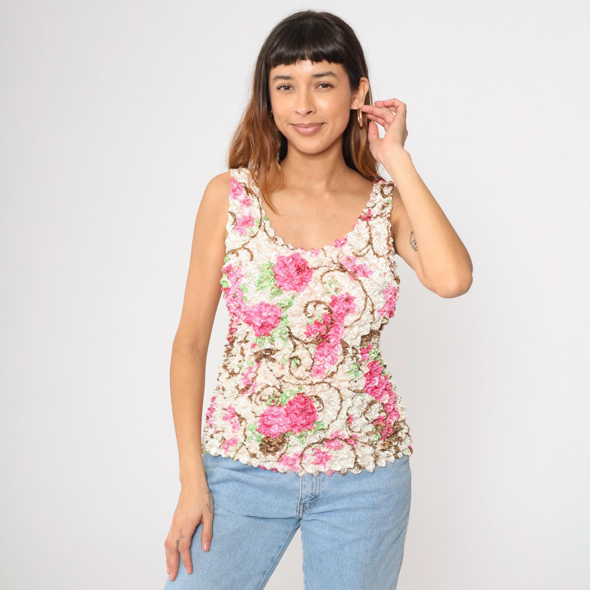Y2K Floral Popcorn Tank Top Off-White Pink Flower Print Sleeveless Blouse Small