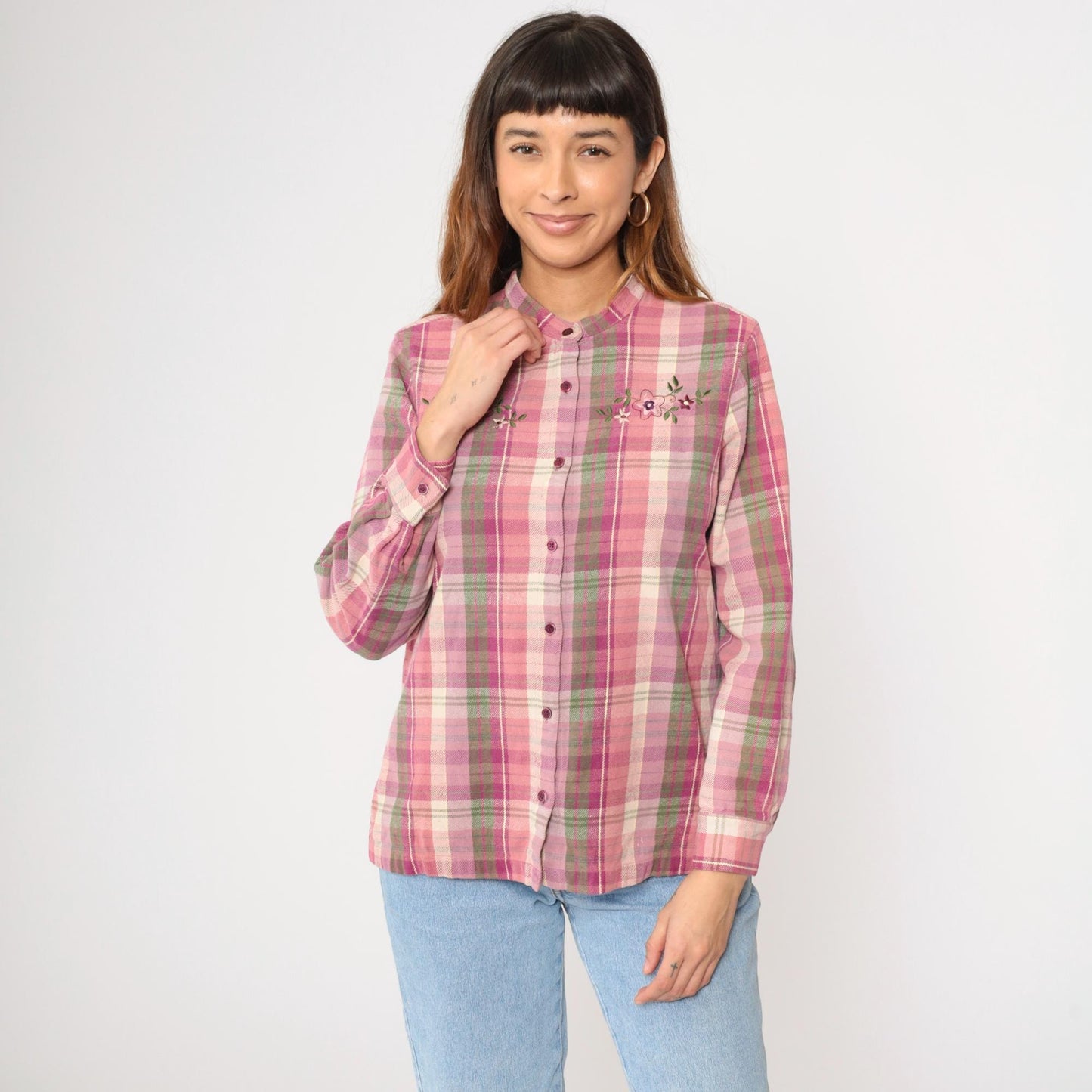 Y2K Blair Pink Plaid Floral Embroidered Button-Up Blouse Cotton Medium