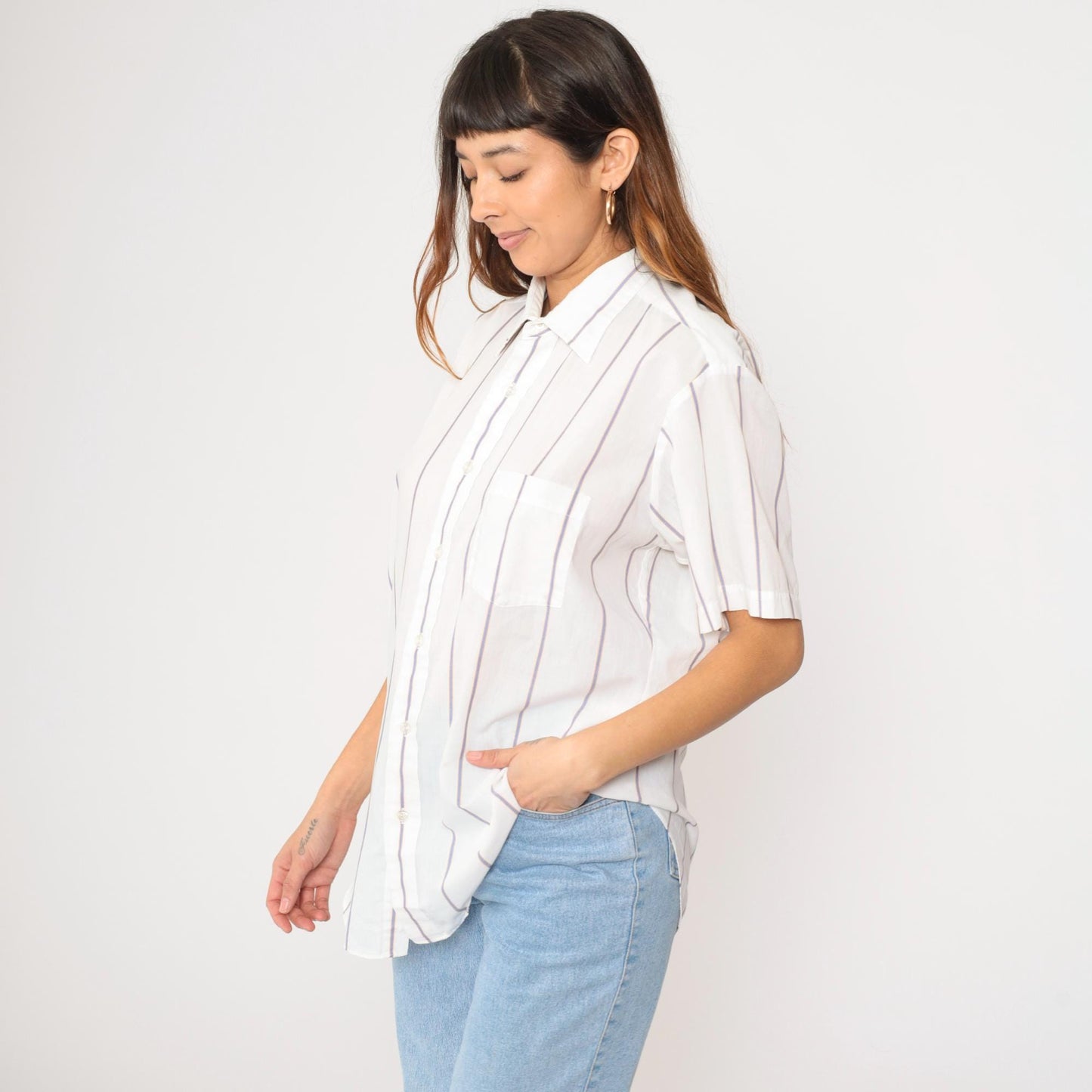 80s White Striped Semi-Sheer Button-Up Shirt Short Sleeve Collar Large L