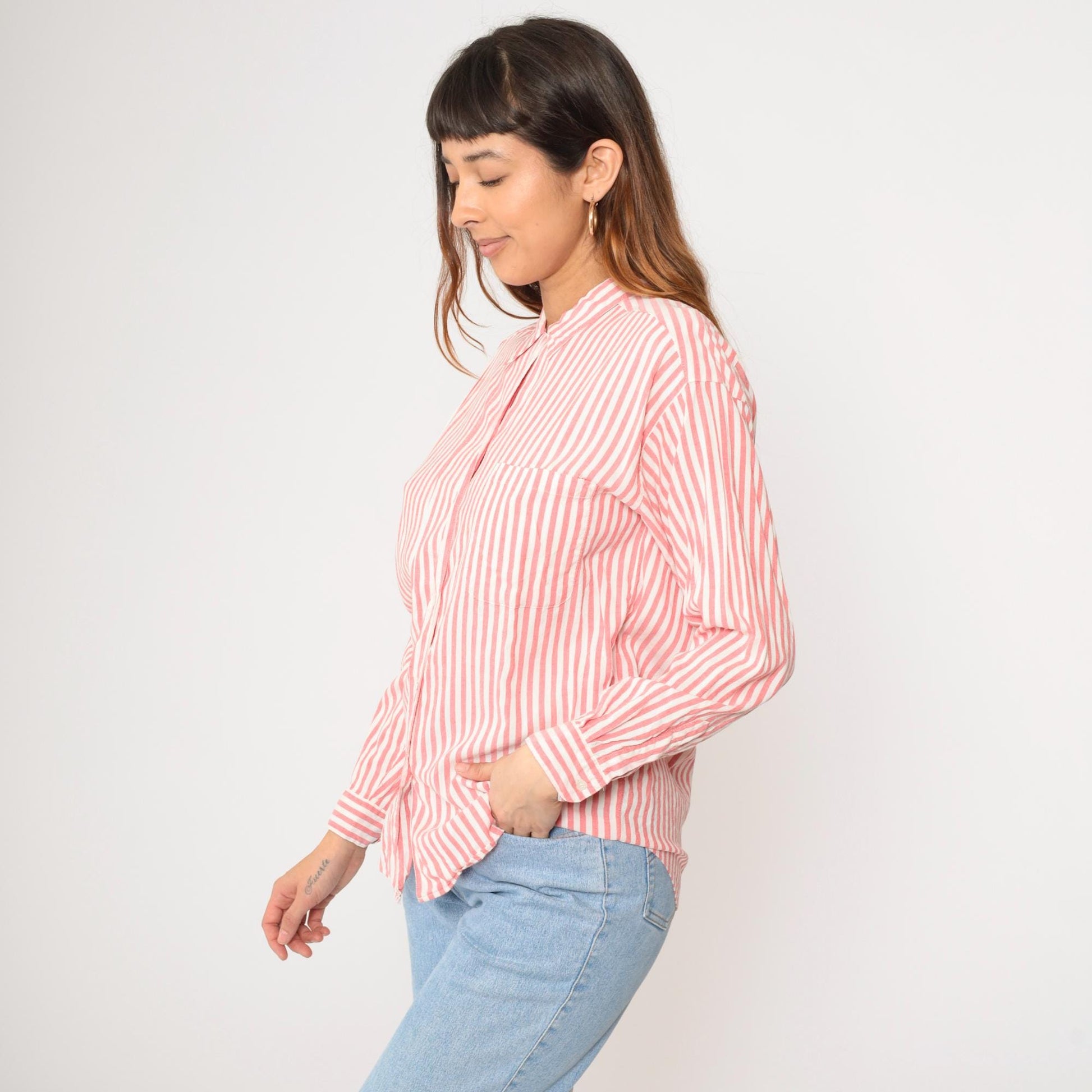 90s Gap Pink Striped Rayon Blouse Long Sleeve Button Up Chest Pocket Medium