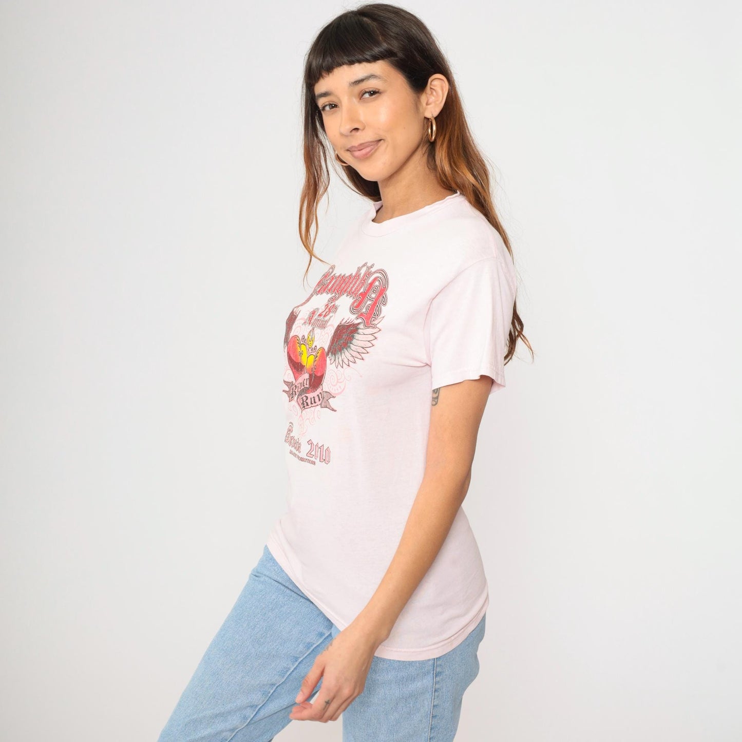Laughlin River Run Winged Heart Flame Graphic T-Shirt Pink Small S