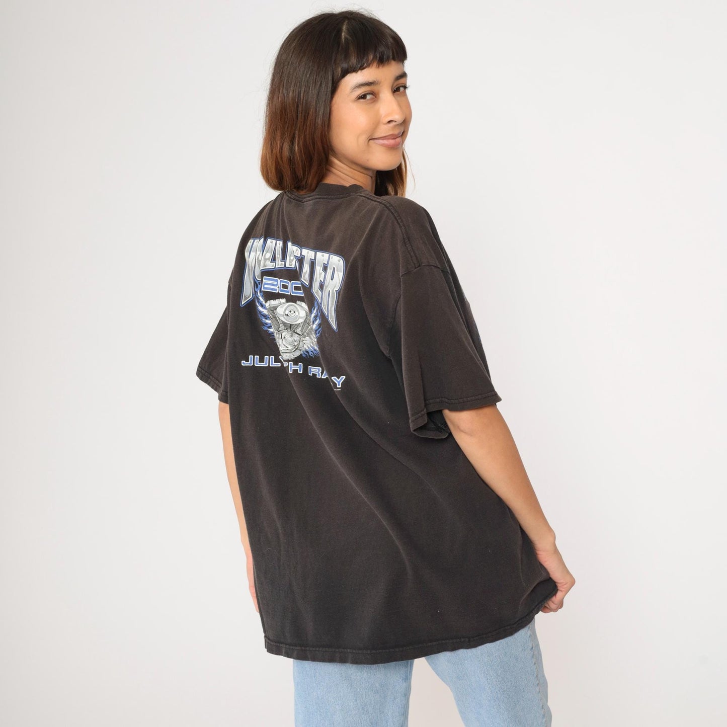 2003 Hollister July 4th Biker Rally T-Shirt Flame Winged Engine Black Graphic Extra Large XL