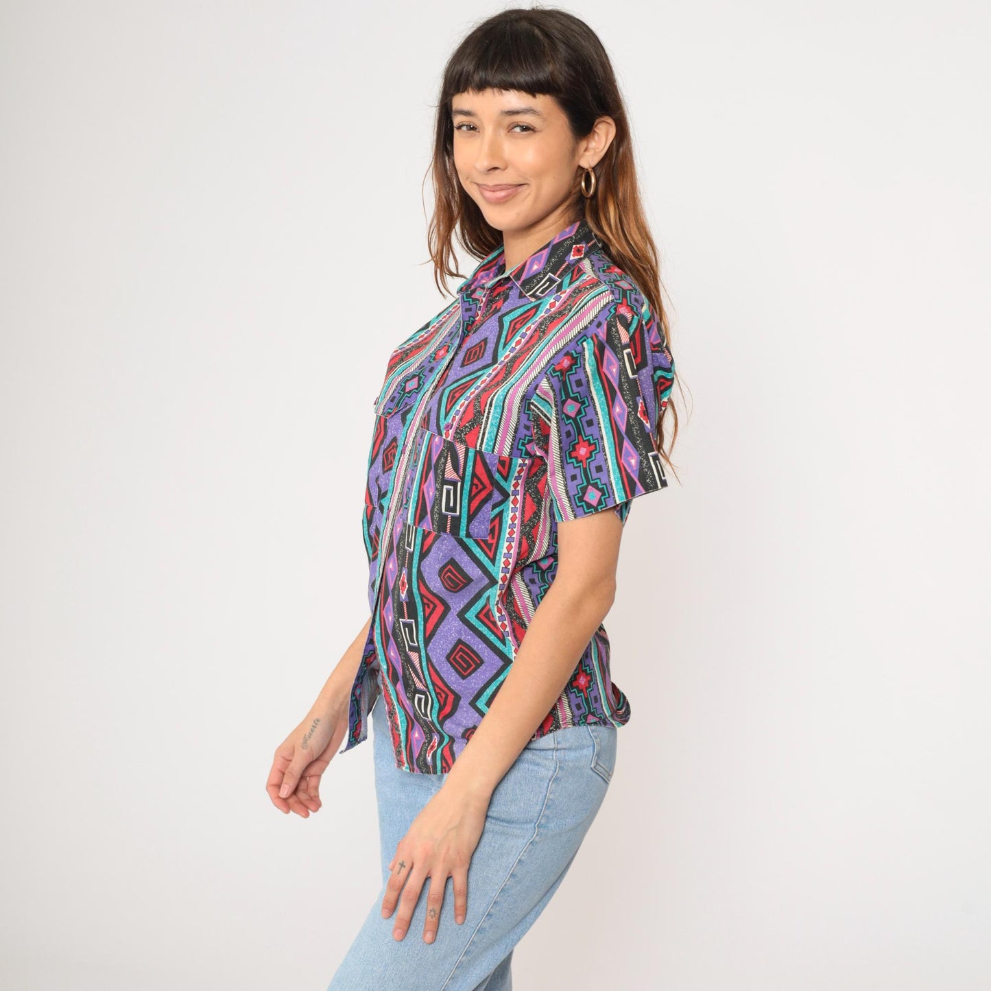 90s Wrangler Southwestern Striped Button-Up Shirt Purple Short Sleeve Small