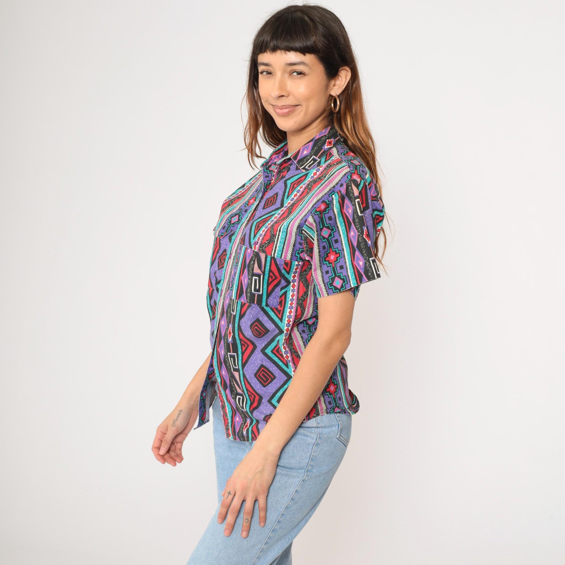 90s Wrangler Southwestern Striped Button-Up Shirt Purple Short Sleeve Small