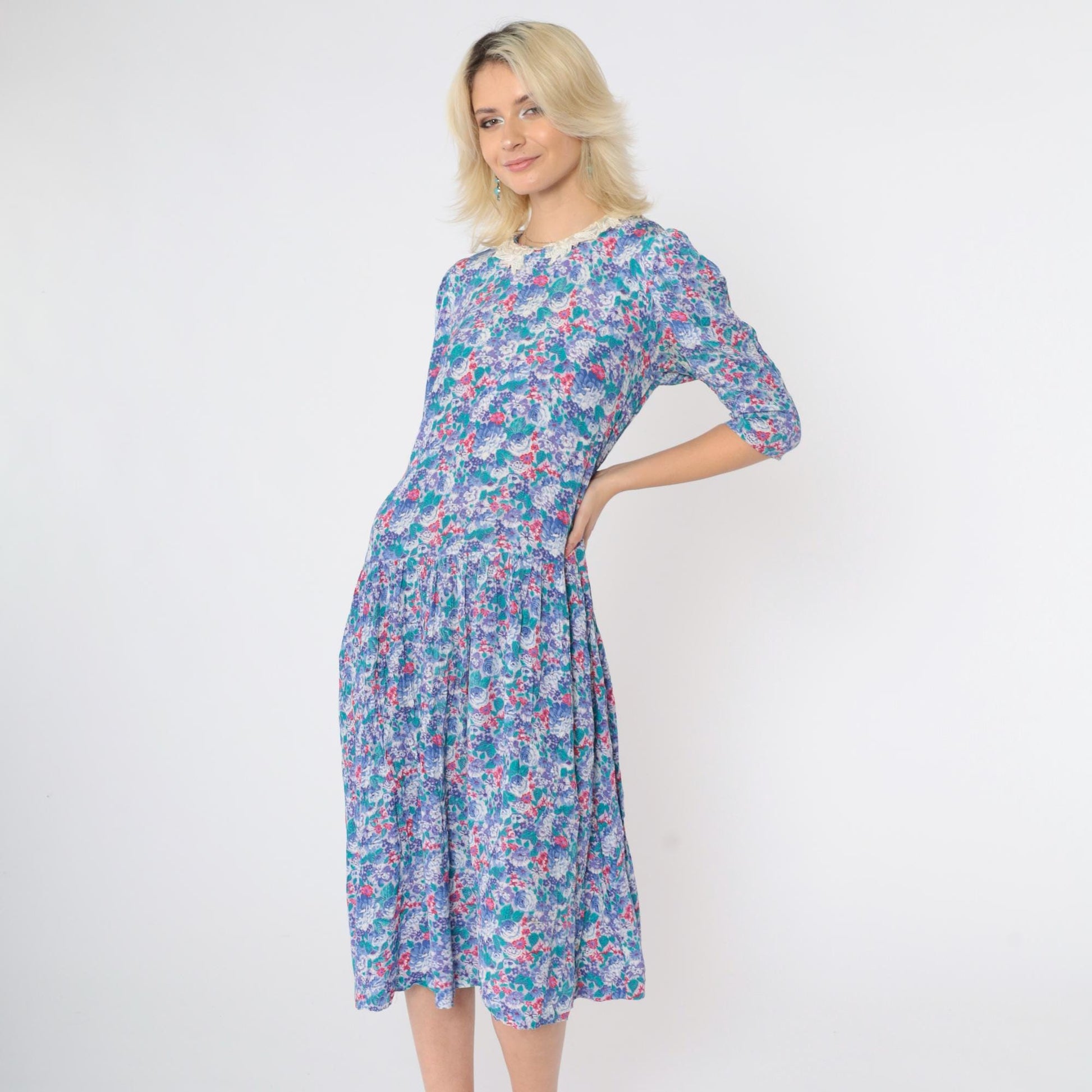 80s Floral Midi Dress Multicolor Puff Sleeve Lace Collar Drop Waist Medium