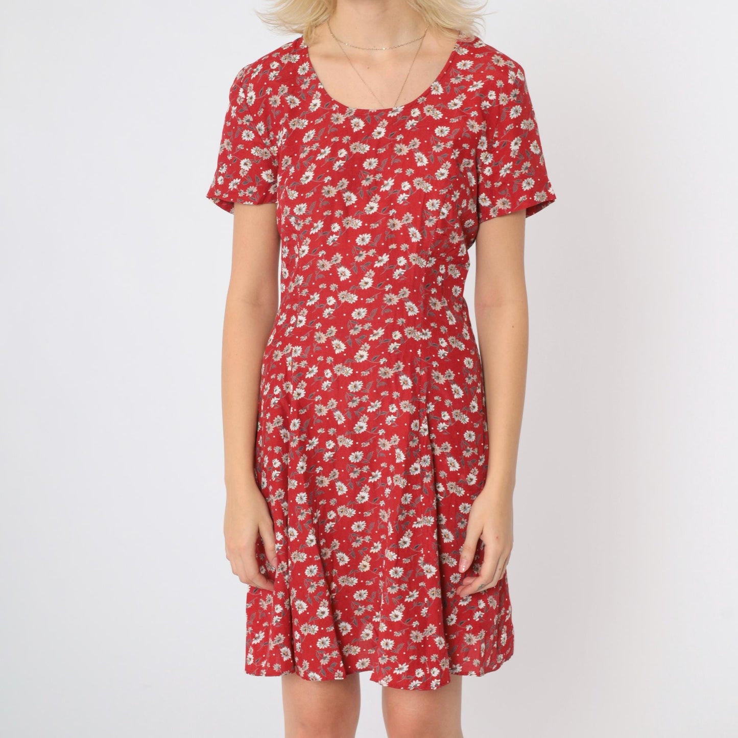 90s Rampage Red Floral Mini Dress Fit and Flare Scoop Neck Small