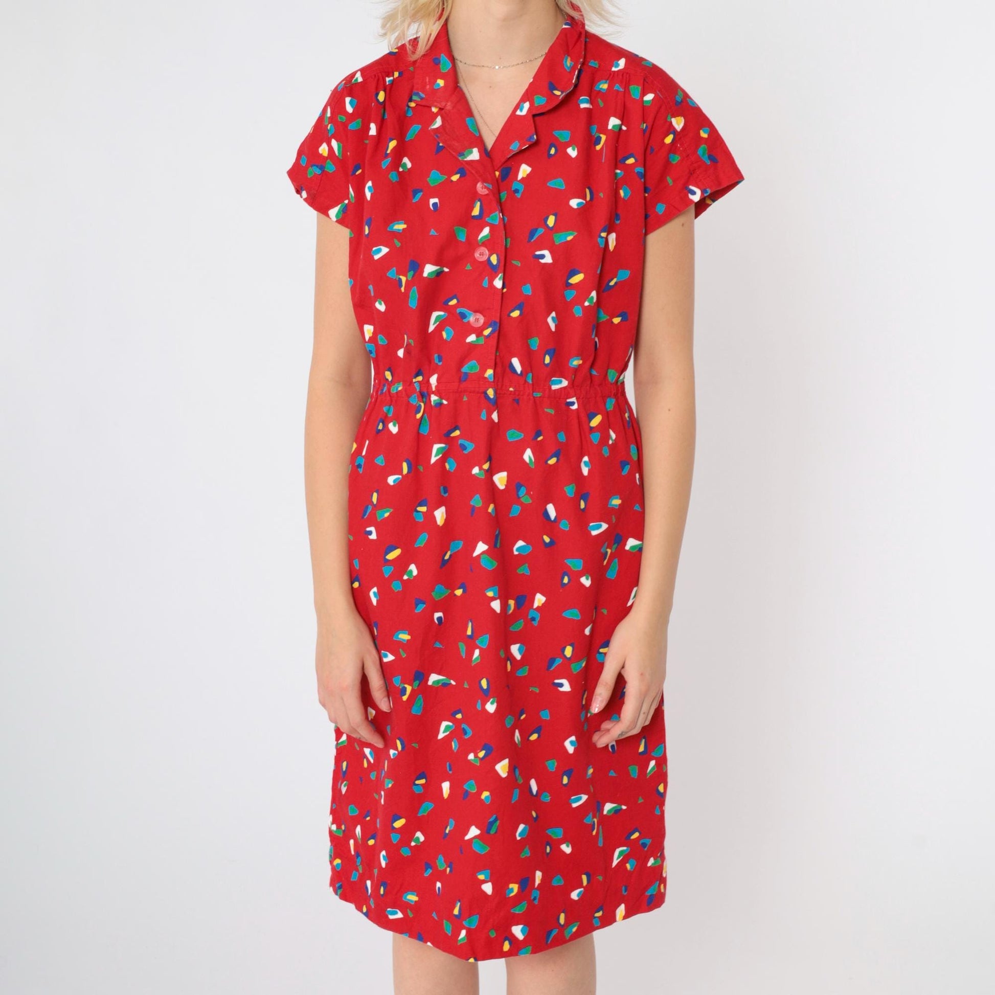 80s Red Confetti Print Midi Shirtdress Button Up High Waist Cap Sleeve Small