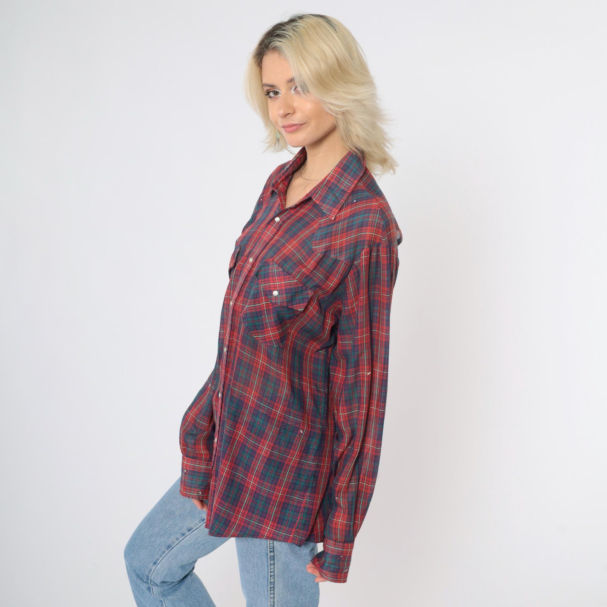 80s Western Pearl Snap Shirt Plaid Paint Splatter Distressed Large L