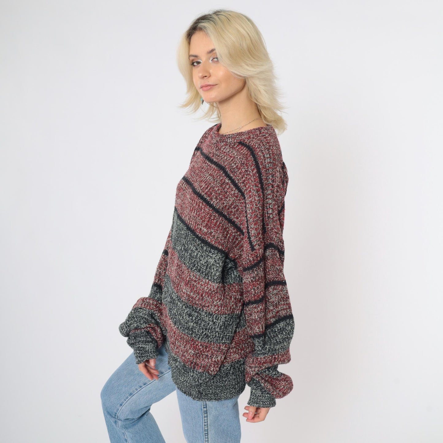 80s Wrangler Striped Knit Sweater Red Black Marled Crewneck Extra Large XL
