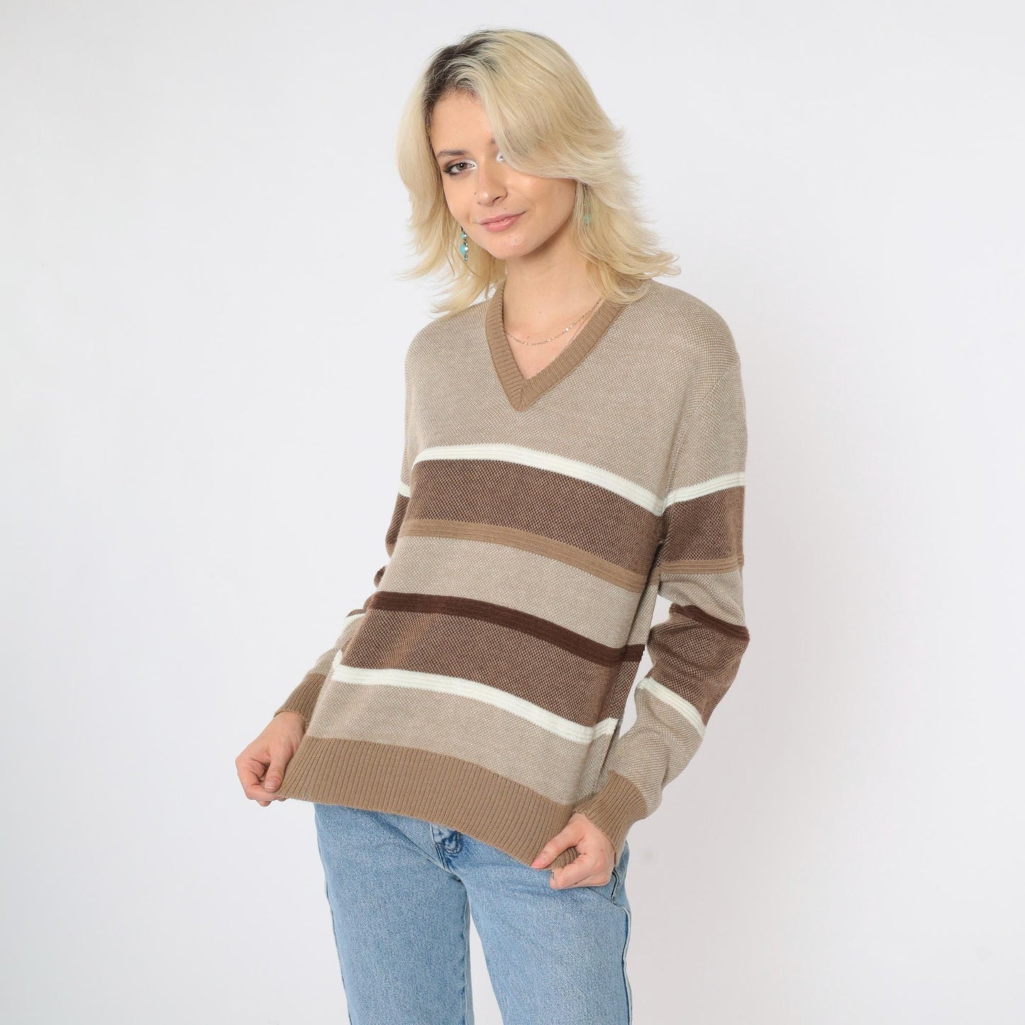 80s Tan Striped V-Neck Sweater Pullover Knit Small