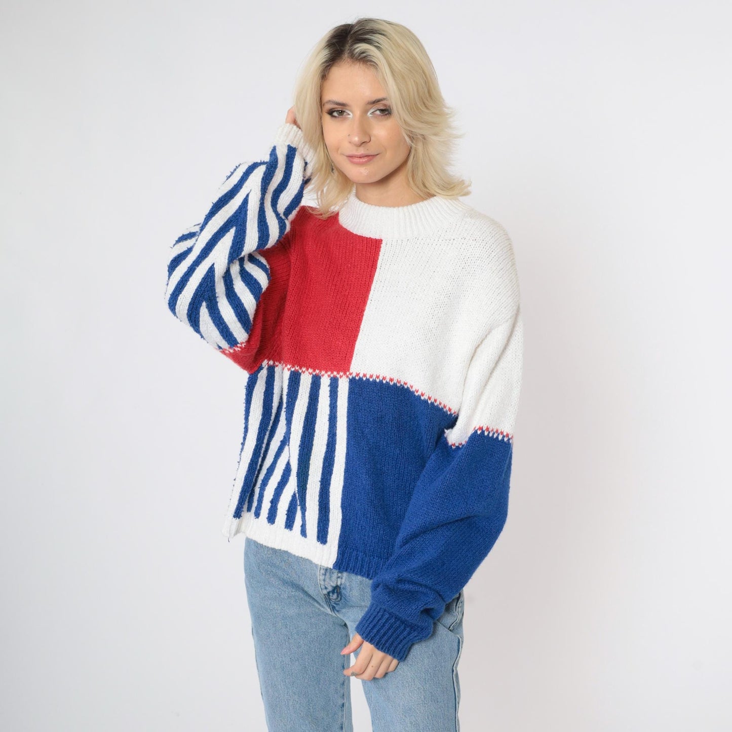 90s Lizsport Color Block Sweater Red White Blue Ramie Cotton Crewneck Medium M