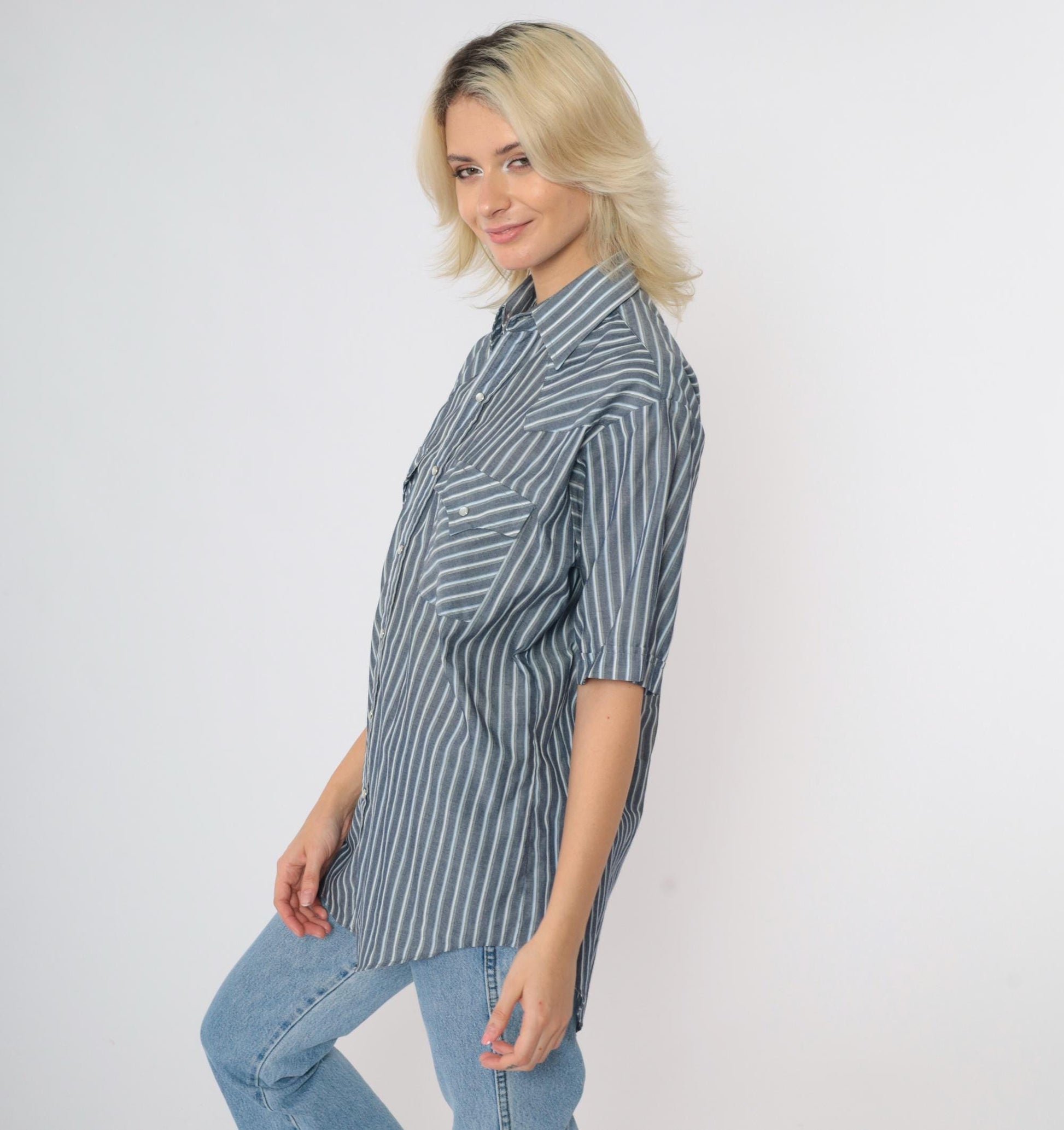 90s Plains Western Wear Pearl Snap Shirt Grey Striped Short Sleeve Small