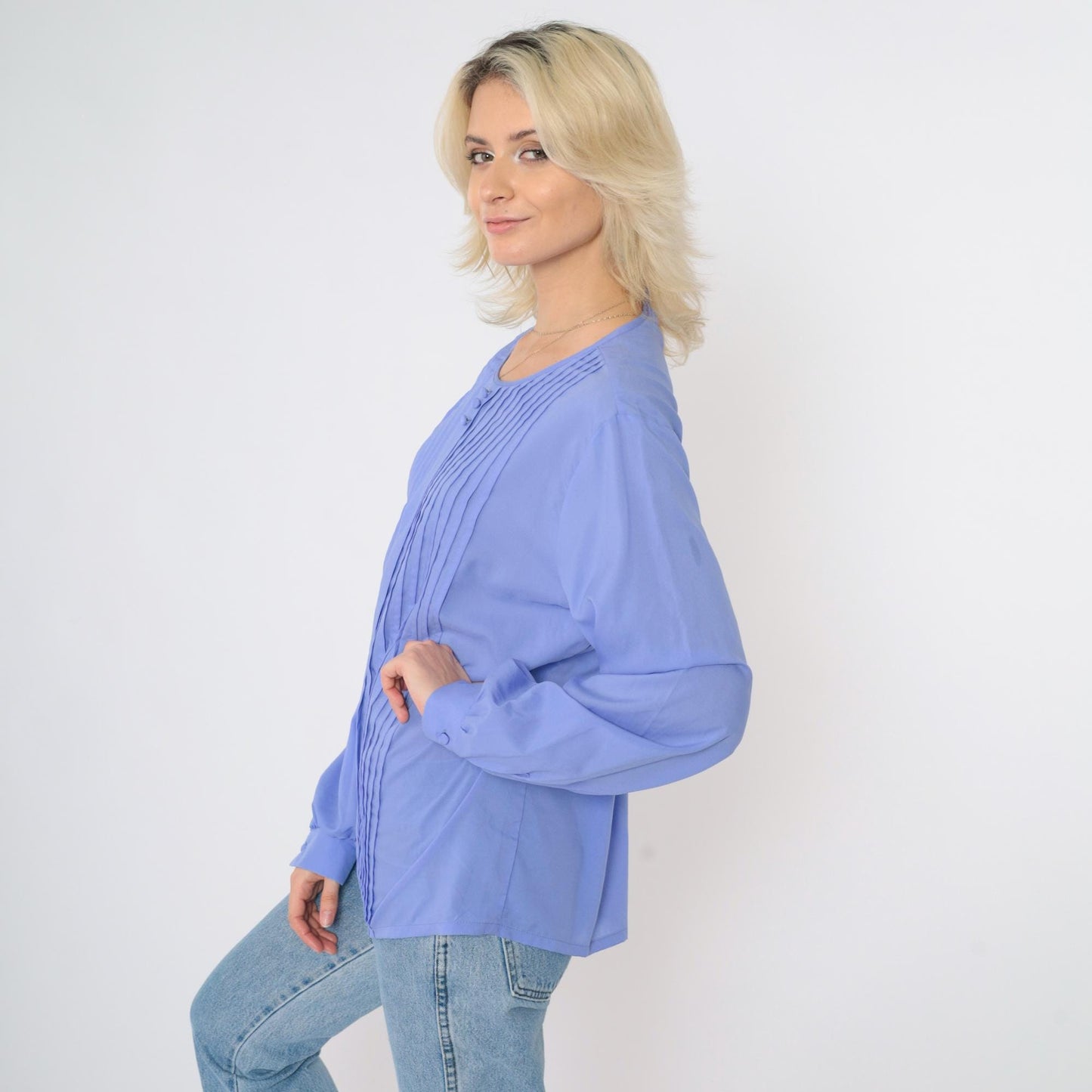 80s Periwinkle Pleated Blouse Long Sleeve Button Front Shirt Large