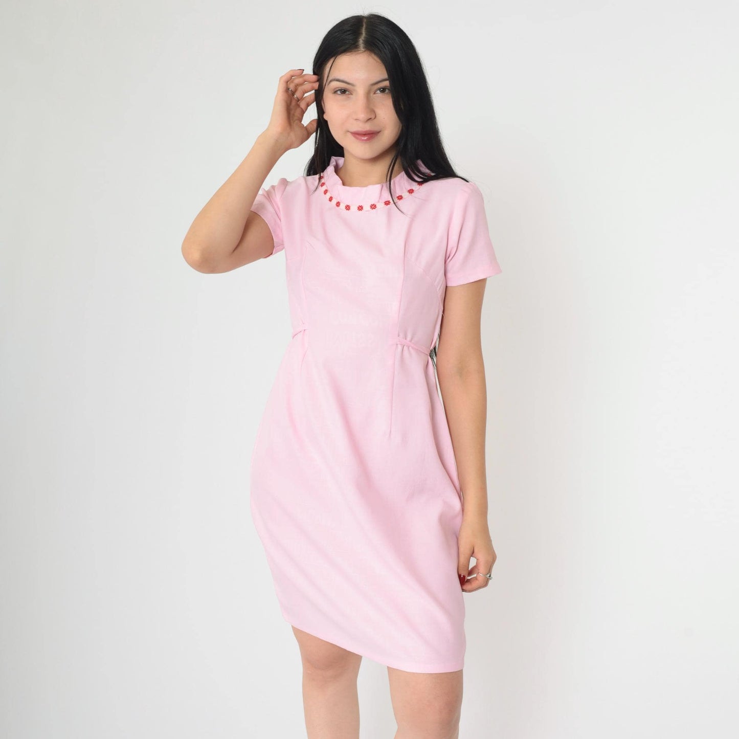 1960s Pink Mod Shift Dress Embroidered Collar Textured Print Tie Waist Small