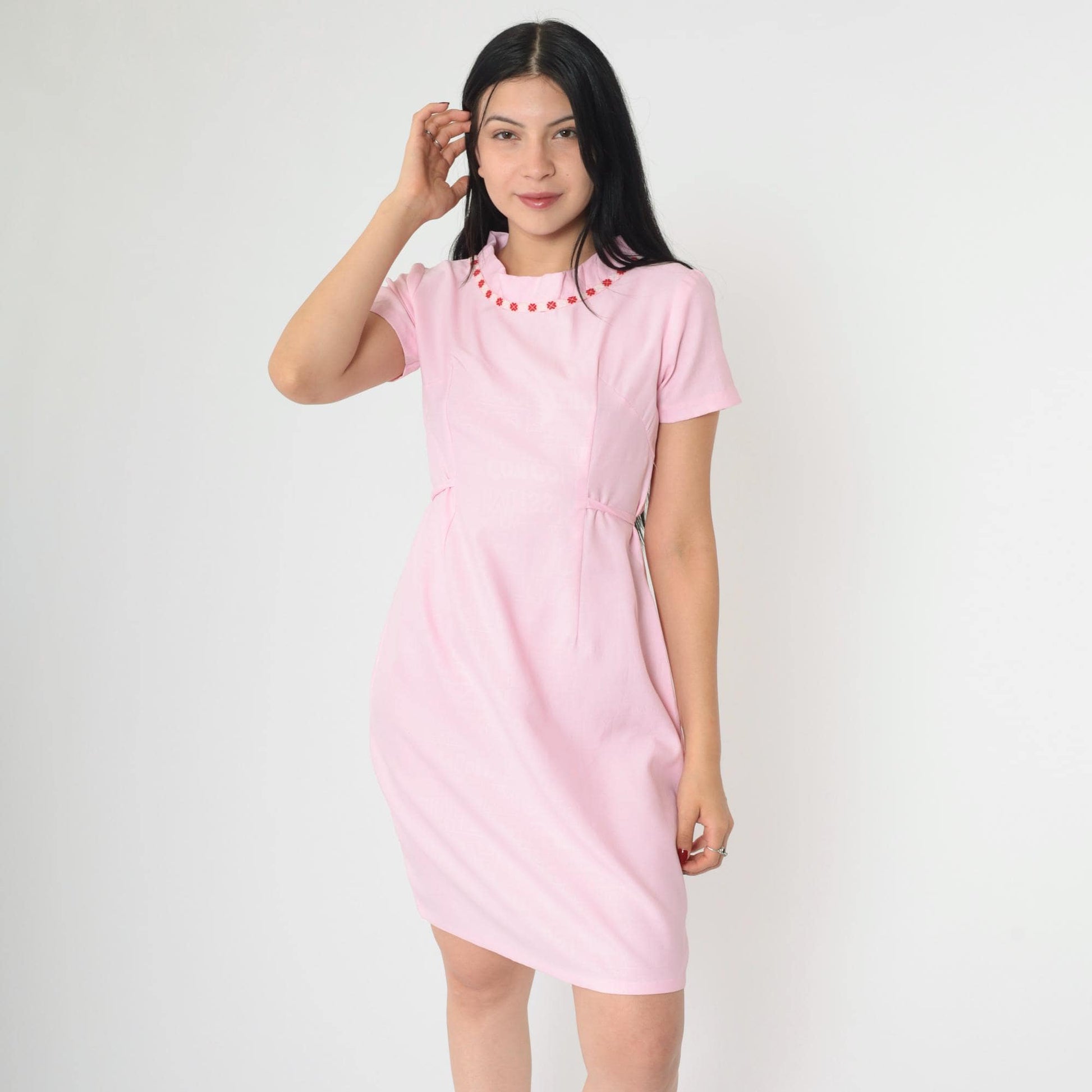 1960s Pink Mod Shift Dress Embroidered Collar Textured Print Tie Waist Small