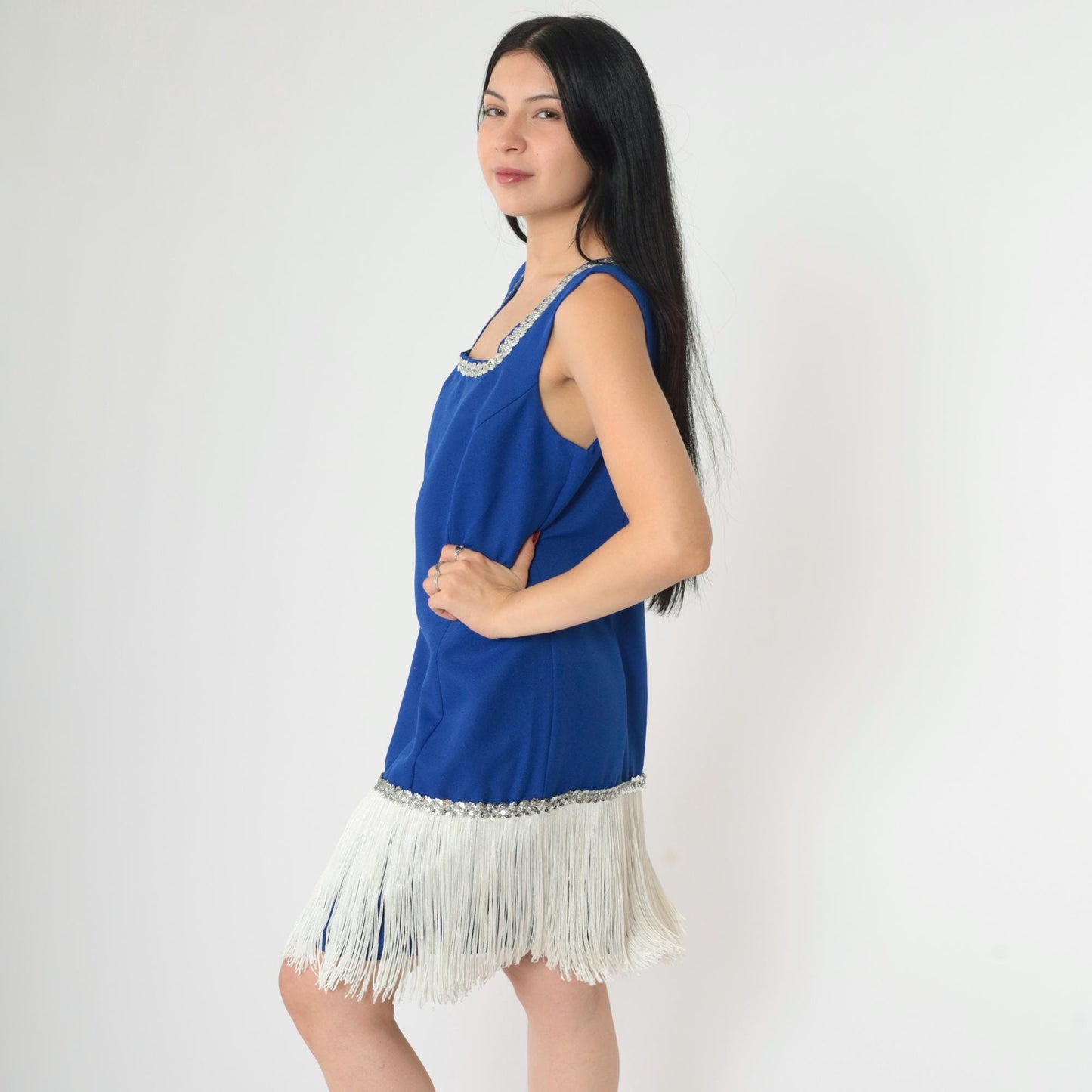 90s Royal Blue Fringe Sequin Mini Dress Square Neck Sleeveless Small