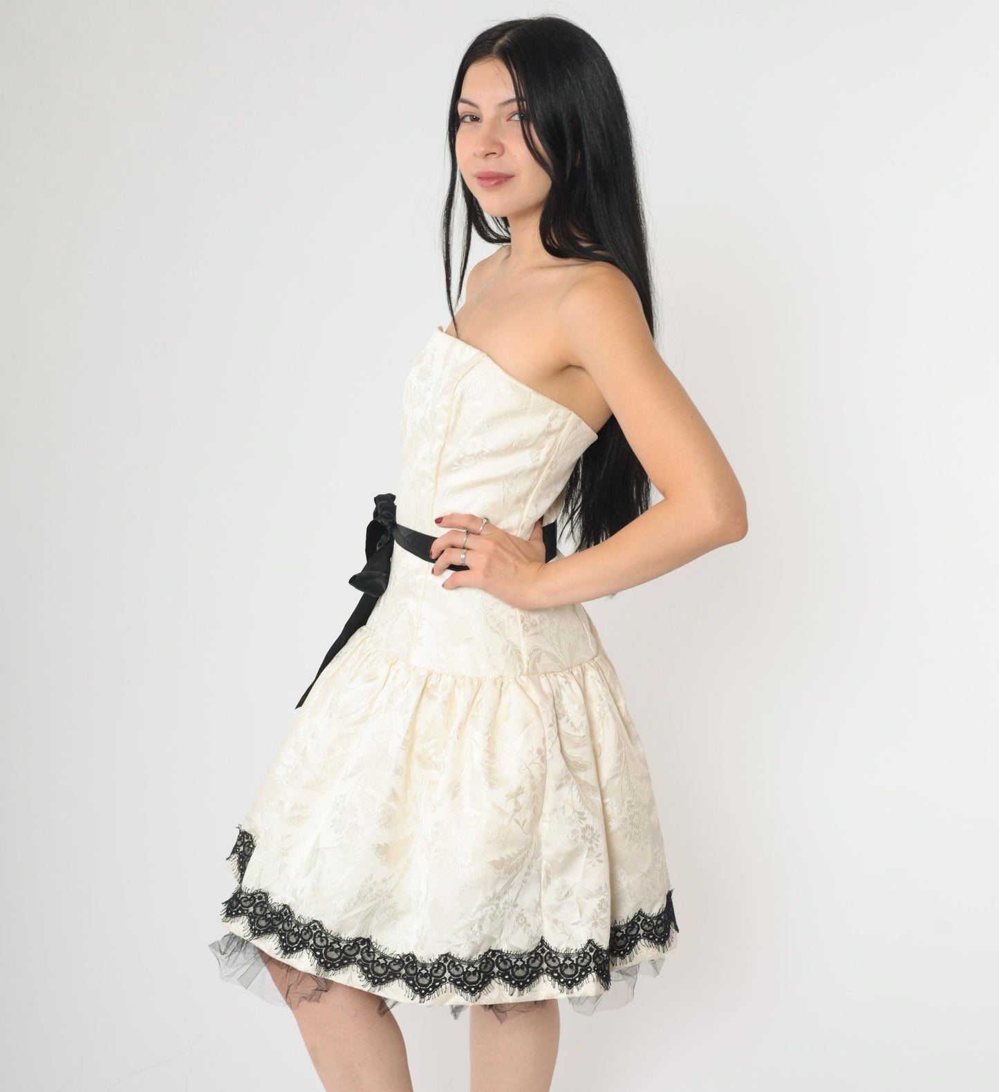 90s Jessica McClintock Ivory Jacquard Strapless Dress Black Lace Tulle Medium