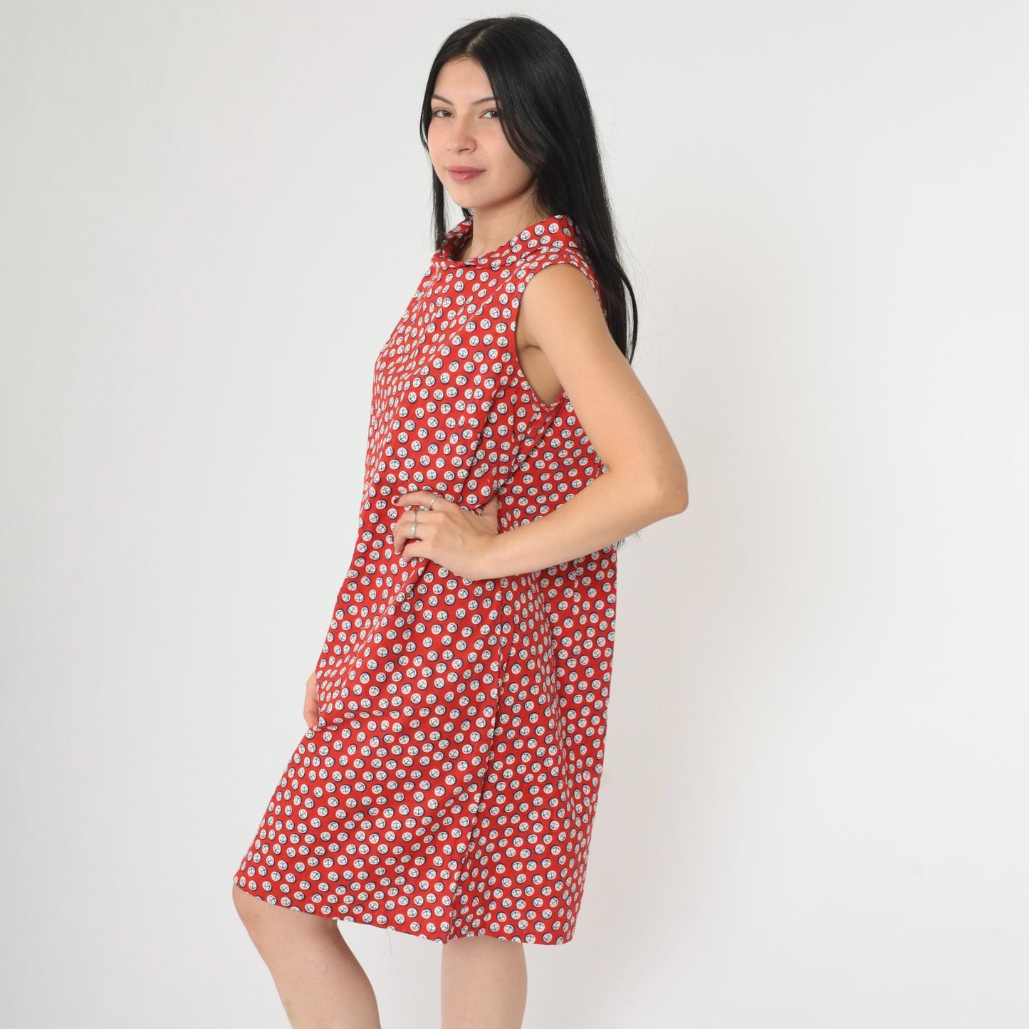 1960s Nautical Anchor Print Shift Dress Red Mini Sleeveless Medium M