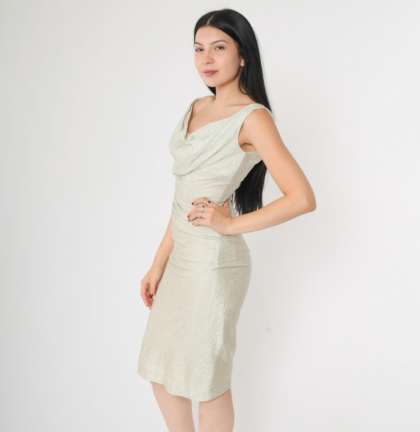 60s Silver Metallic Sheath Dress Draped Neckline Sleeveless Mod Party Extra Small