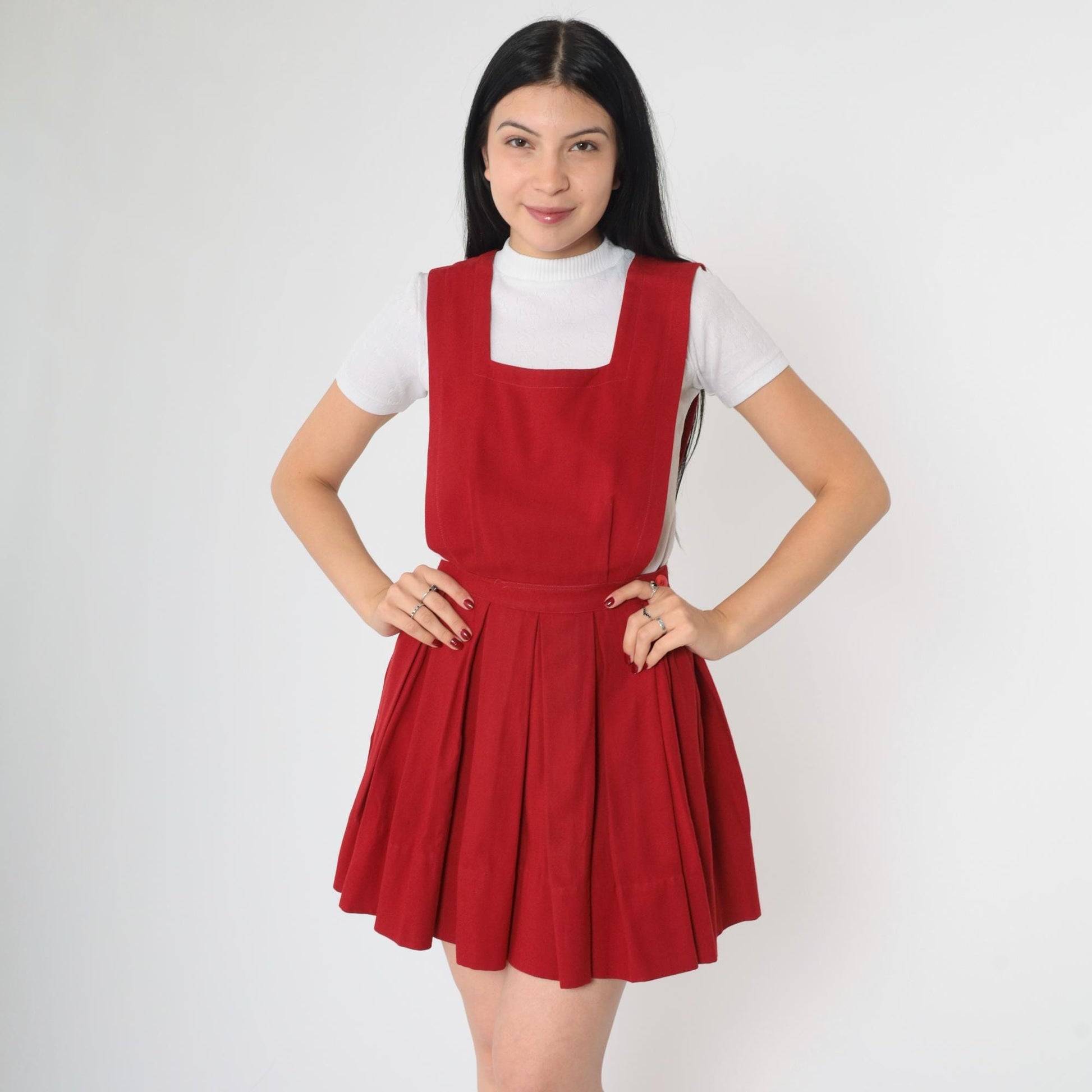 70s Red Pleated Mini Jumper Dress High Waist Pinafore Small
