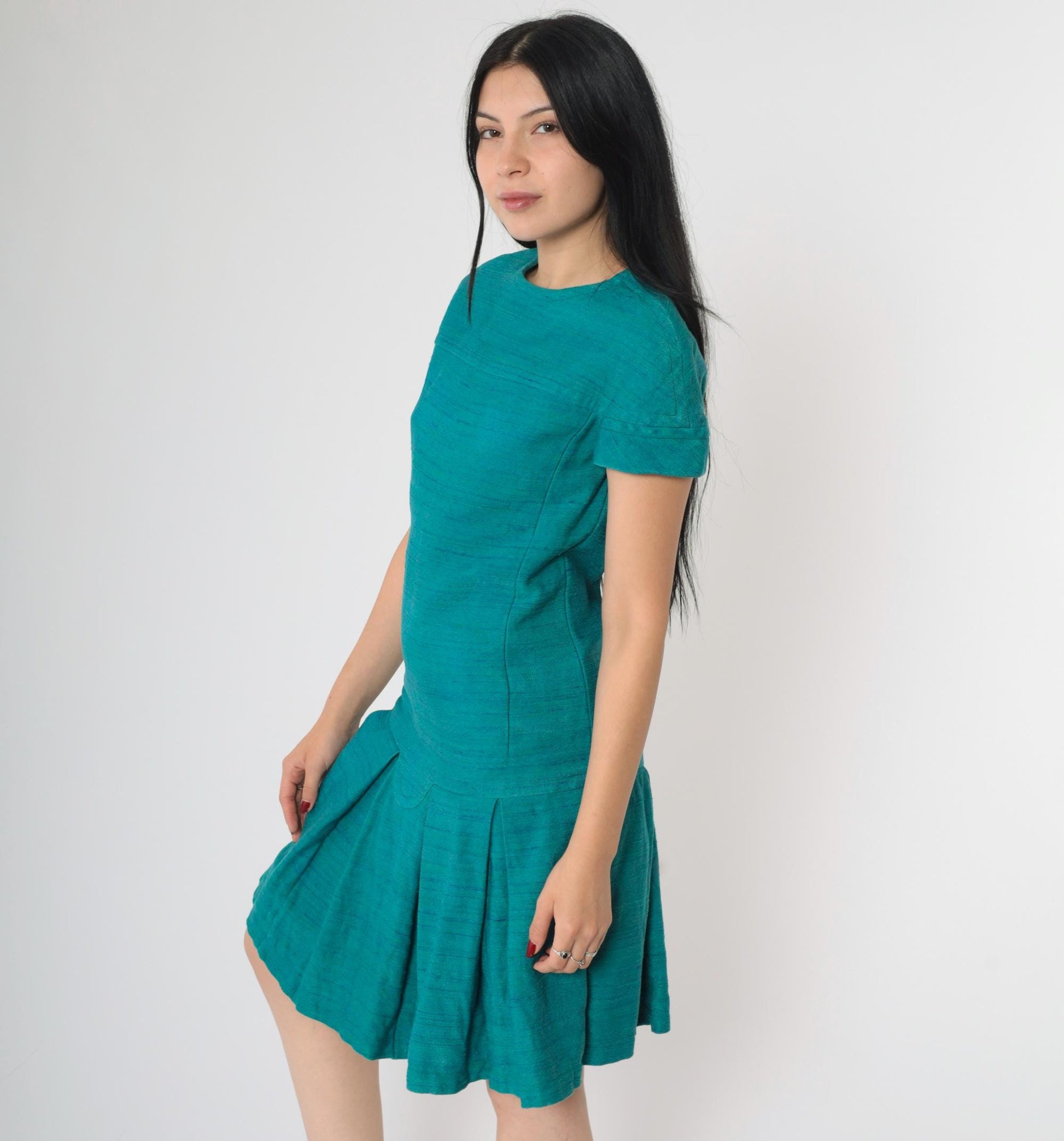 60s Mod Mini Dress Teal Drop Waist Pleated Short Sleeve Extra Small