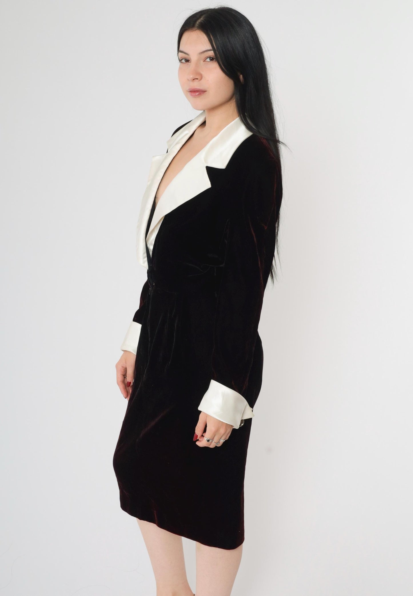 90s Black Velvet Wrap Dress White Satin Collar Deep V Midi Medium