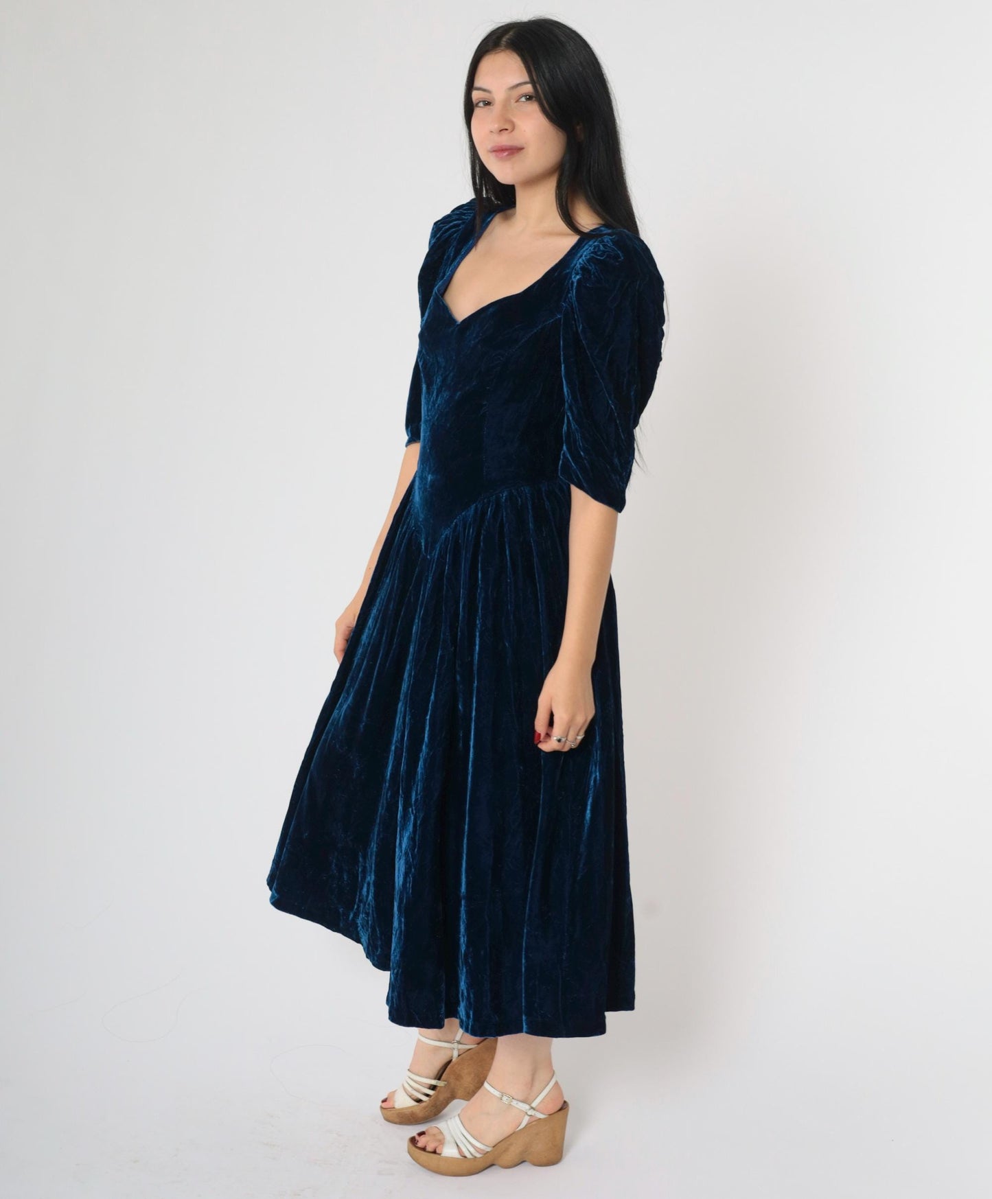 80s Blue Velvet Midi Dress Puff Sleeve Sweetheart Neckline Basque Waist Extra Small