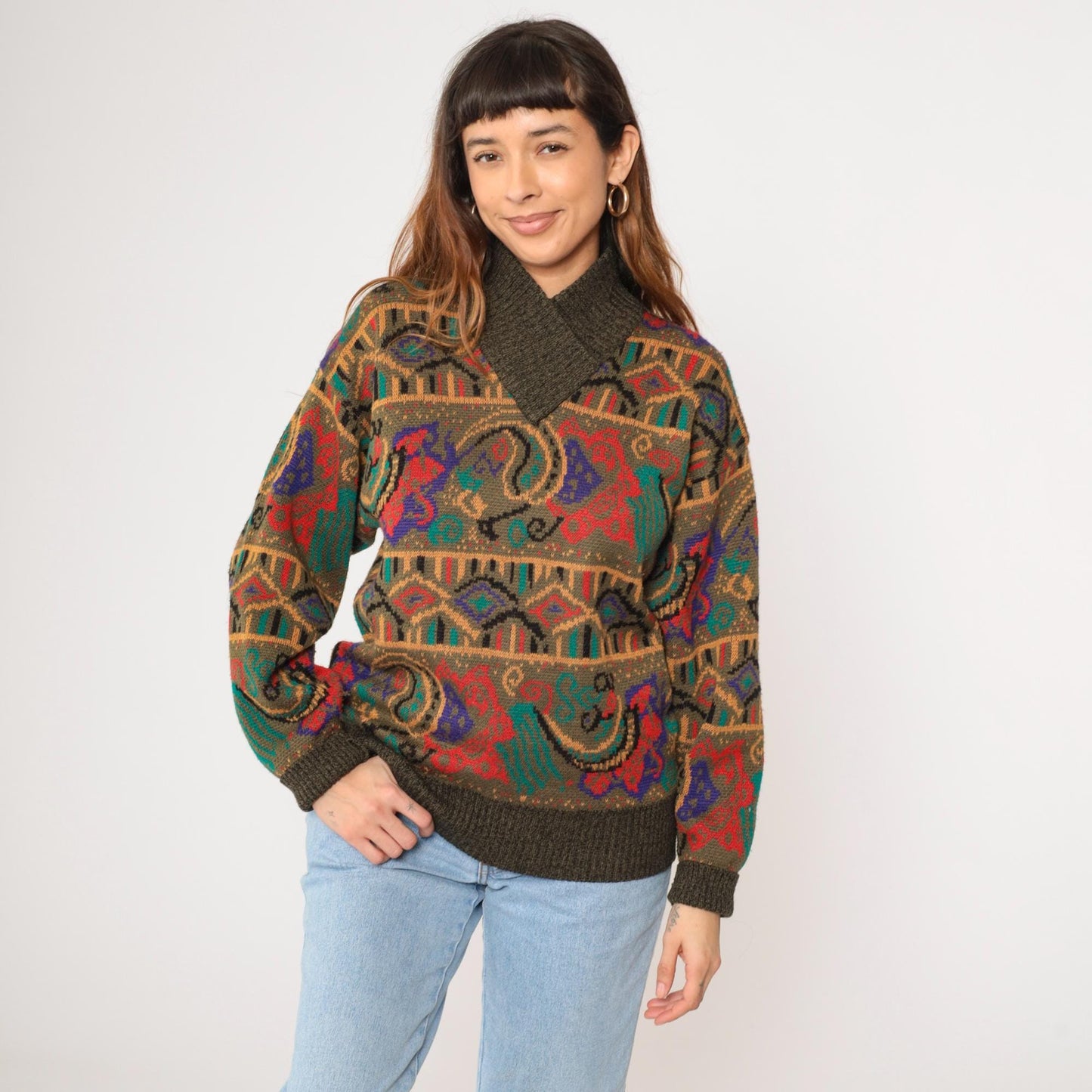80s Meister Wool Blend Sweater Multicolor Paisley Shawl Collar Medium Large