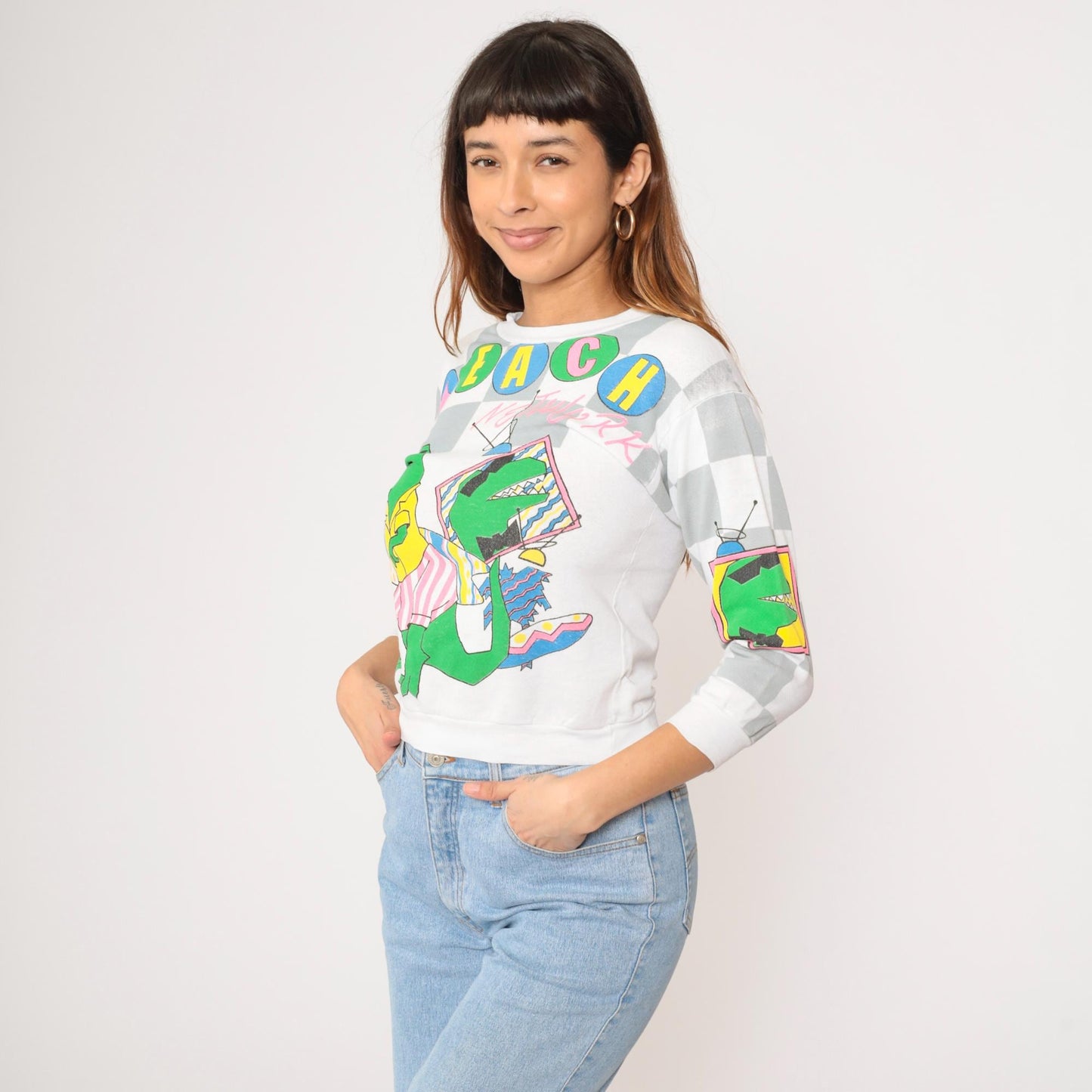 80s Beach Network Dinosaur T-Rex Sweatshirt Colorful All Over Print Extra Small