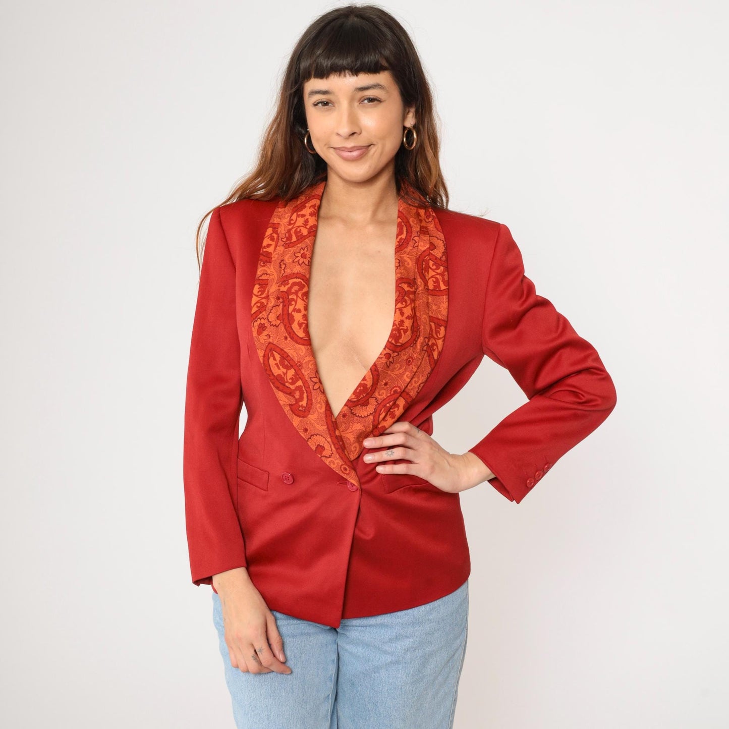 90s Byblos Red Wool Blazer Paisley Shawl Collar Double Breasted Small