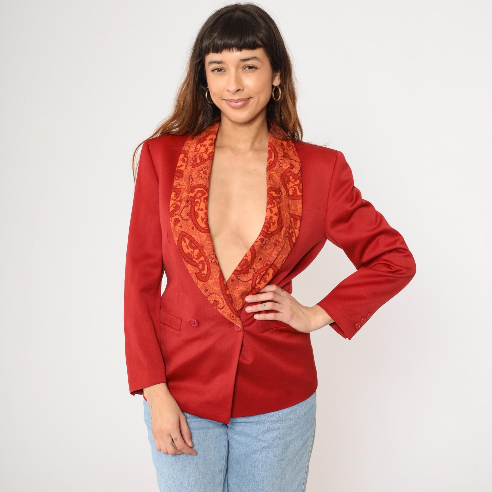 90s Byblos Red Wool Blazer Paisley Shawl Collar Double Breasted Small