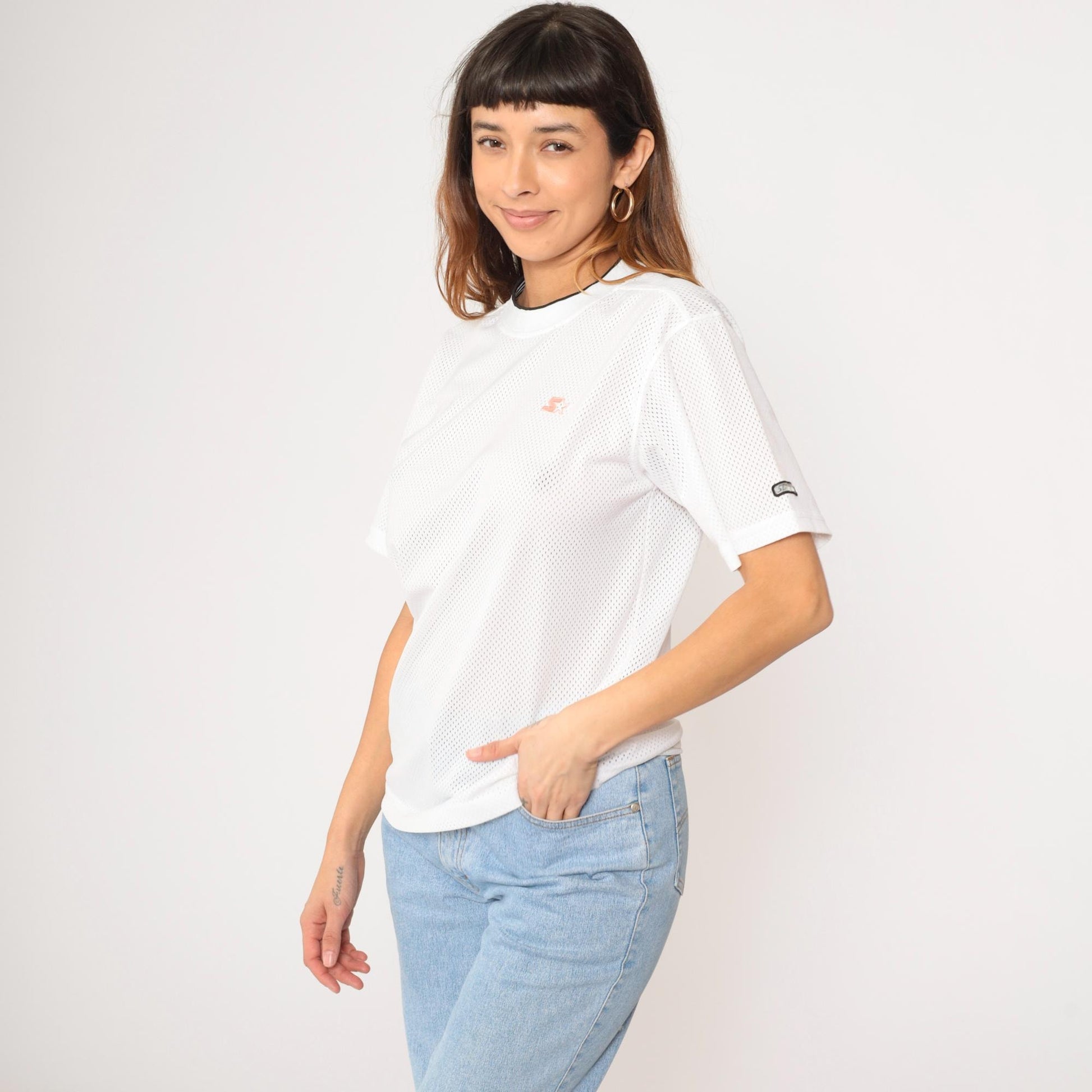 90s Starter White Mesh Jersey Ringer Crewneck Medium