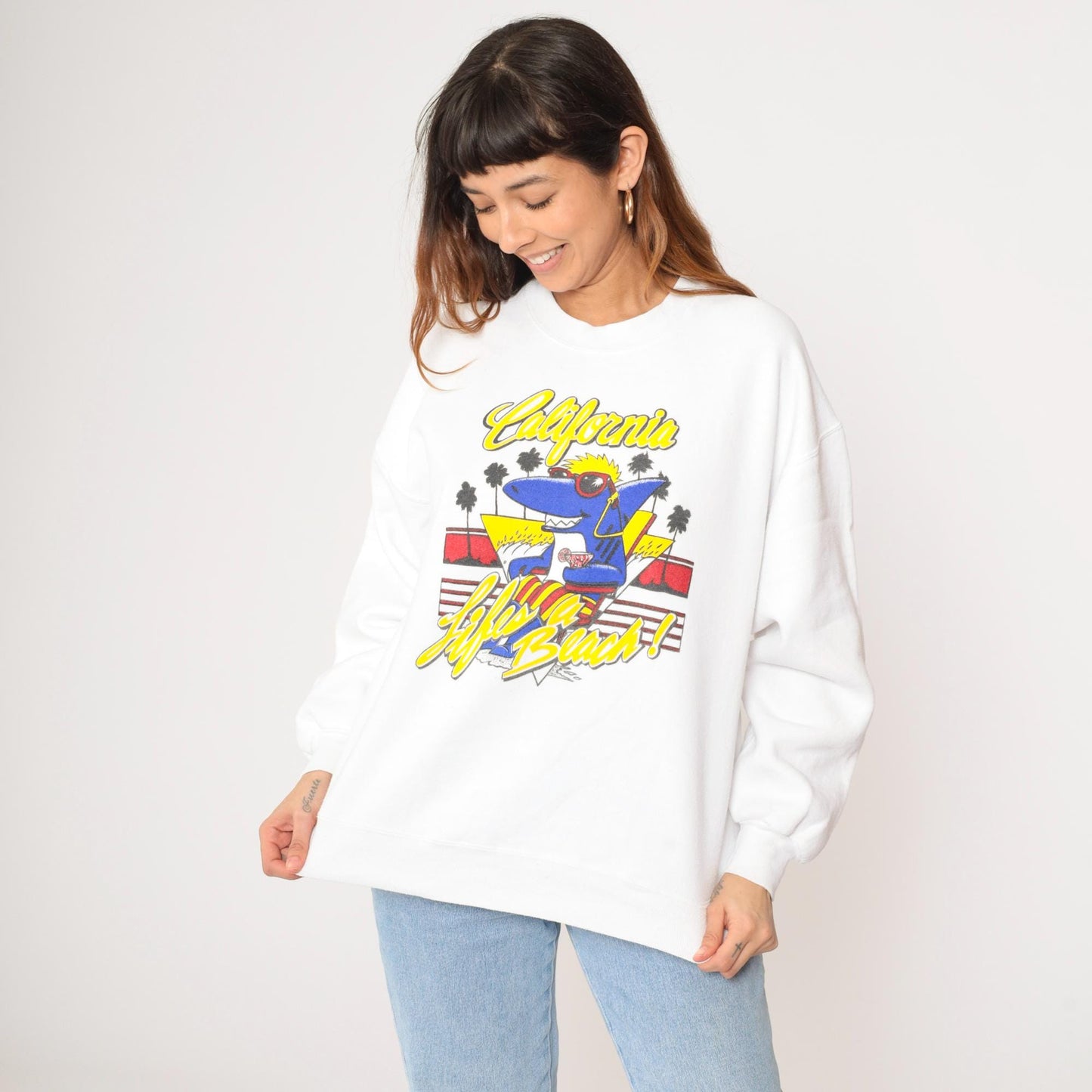 80s California Shark Sweatshirt Life's a Beach Graphic White Crewneck Extra Large XL