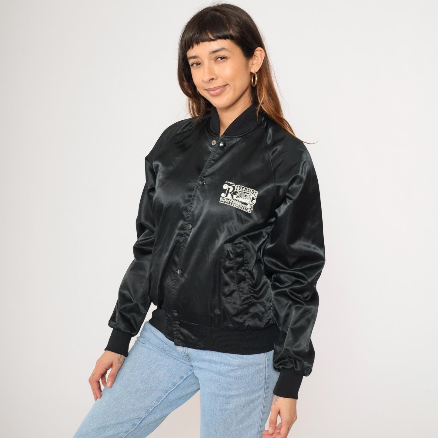 90s Riverside Resort Laughlin Nevada Satin Bomber Jacket Black Snap Small