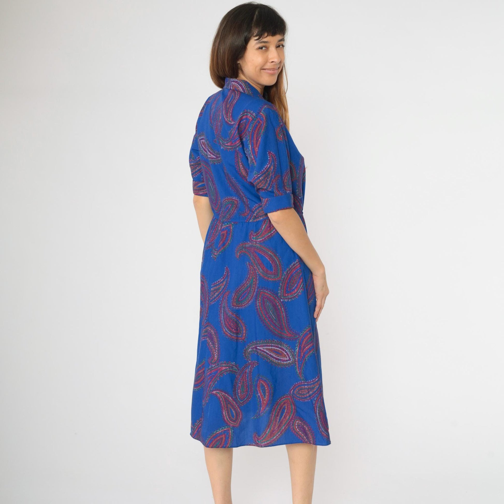 80s Paisley Midi Shirtdress Royal Blue High Waist Puff Sleeve Button Up Medium