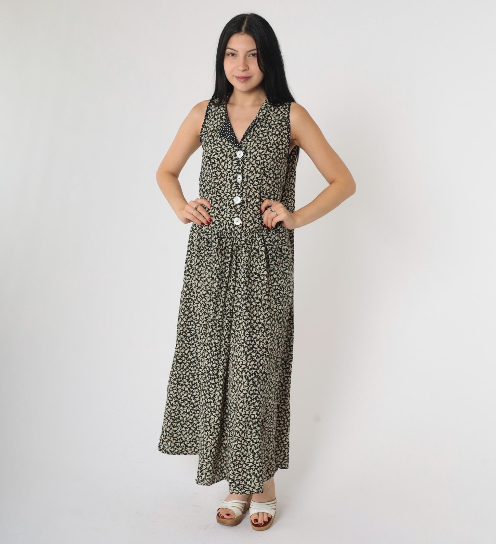 90s Black Floral Sleeveless Dress Button-Up Drop Waist Ankle Length Medium M