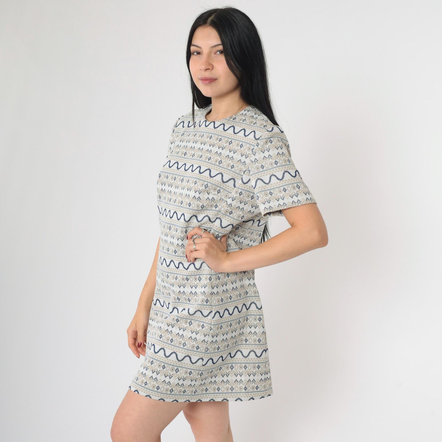 60s Geometric Shift Mini Dress Grey Navy Tan Short Sleeve Medium